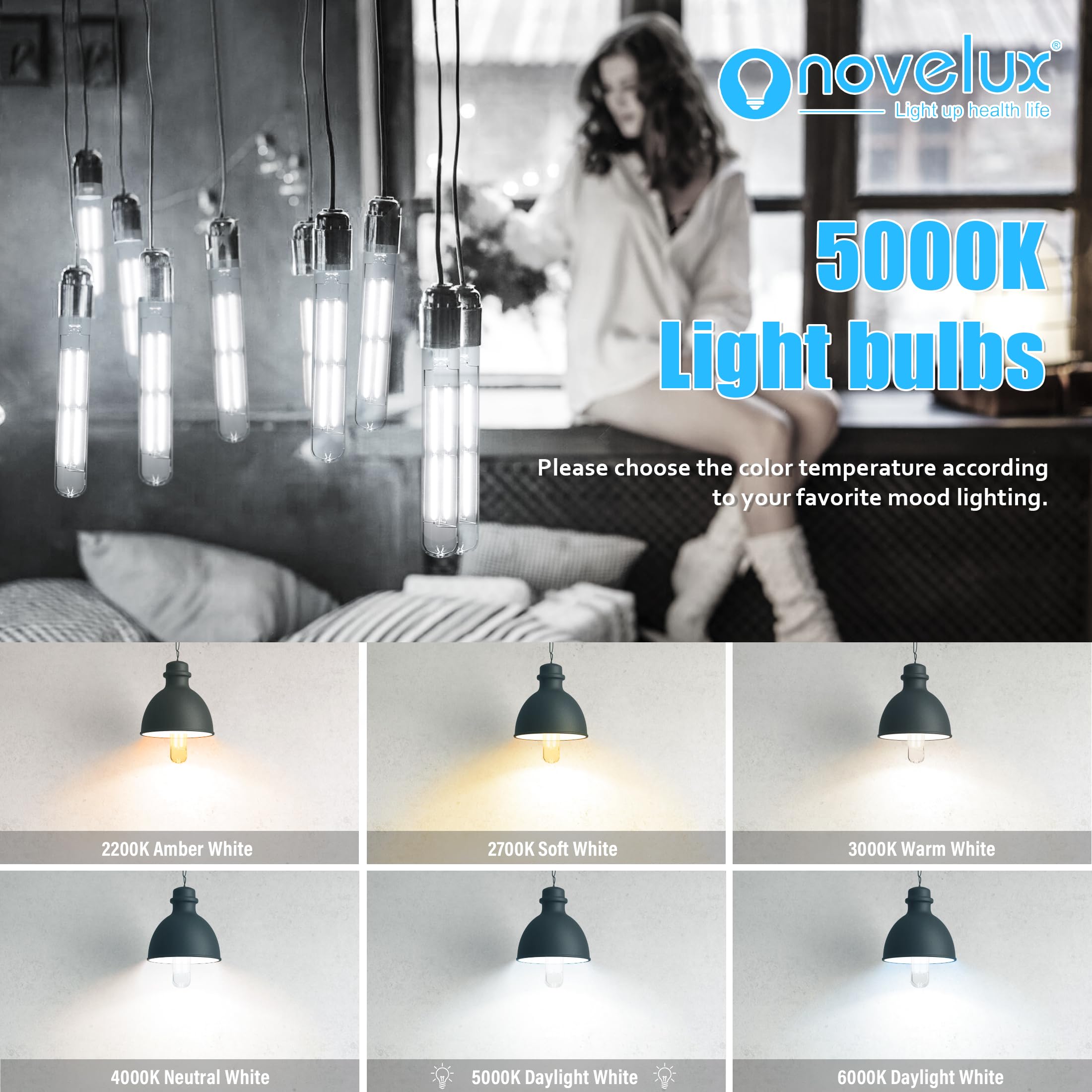 NOVELUX 8.9IN T10 Light Bulbs E26 Base, 800LM Dimmable, 5000K Daylight, Vintage Clear Glass, 4 Pack