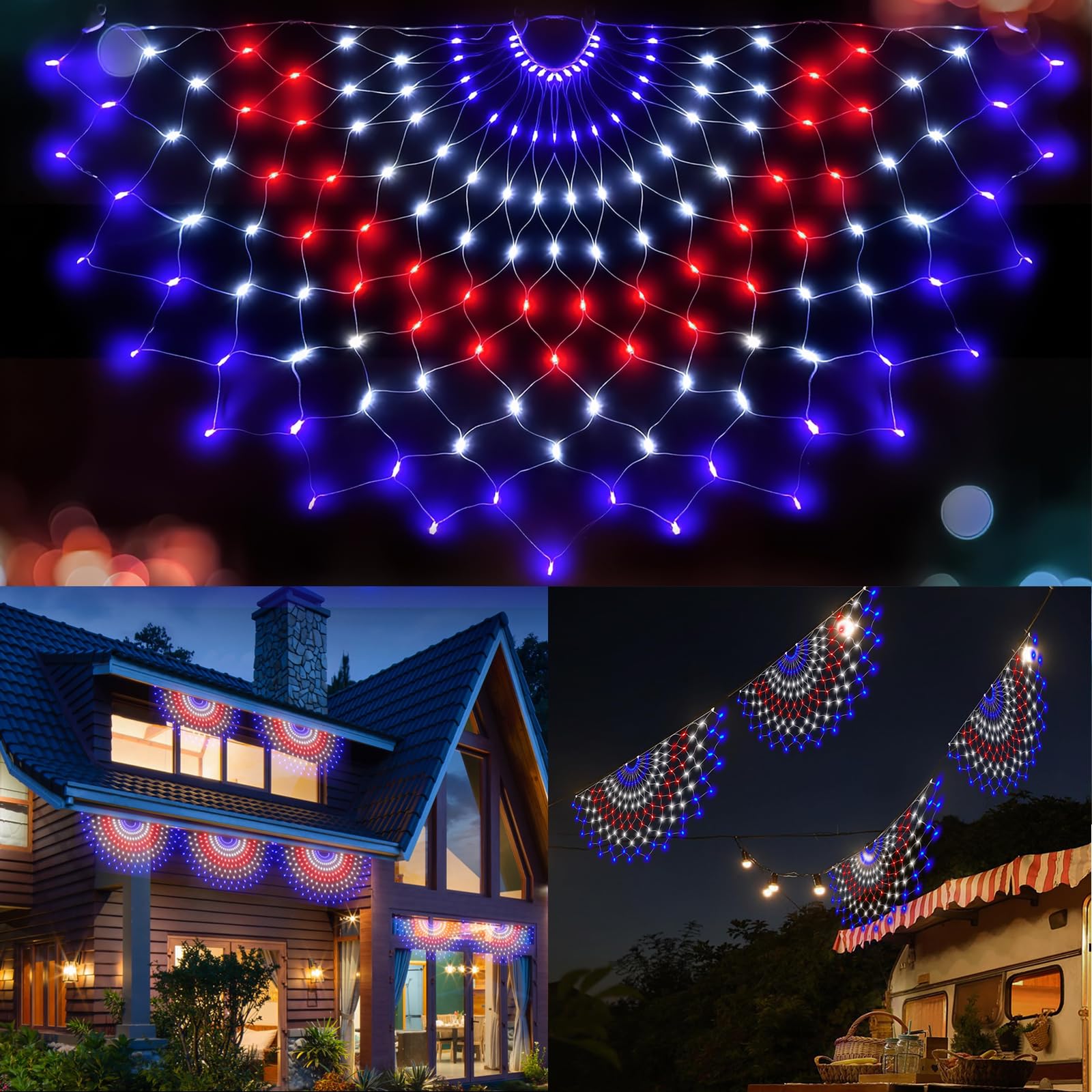 Leisure World 150 Led American Flag Lights, 3 Pack, 8 Modes, Outdoor Patriotic Decor