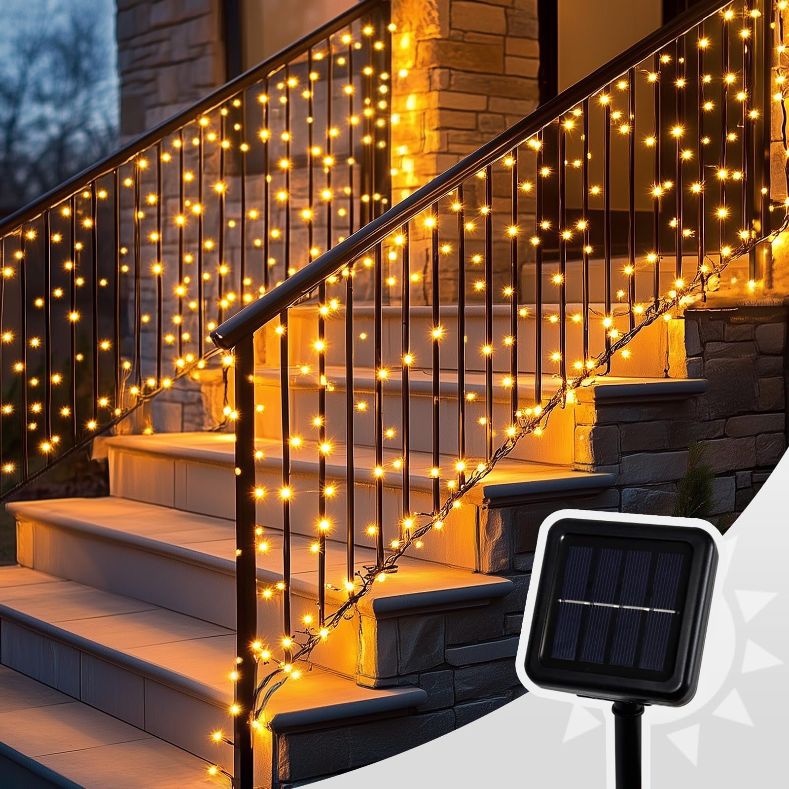 Patioman Curtain Lights for Stair Railing, 300 LED 20Ft x 3Ft Solar Powered Outdoor String Lights, Warm White Tangle-Free Decora