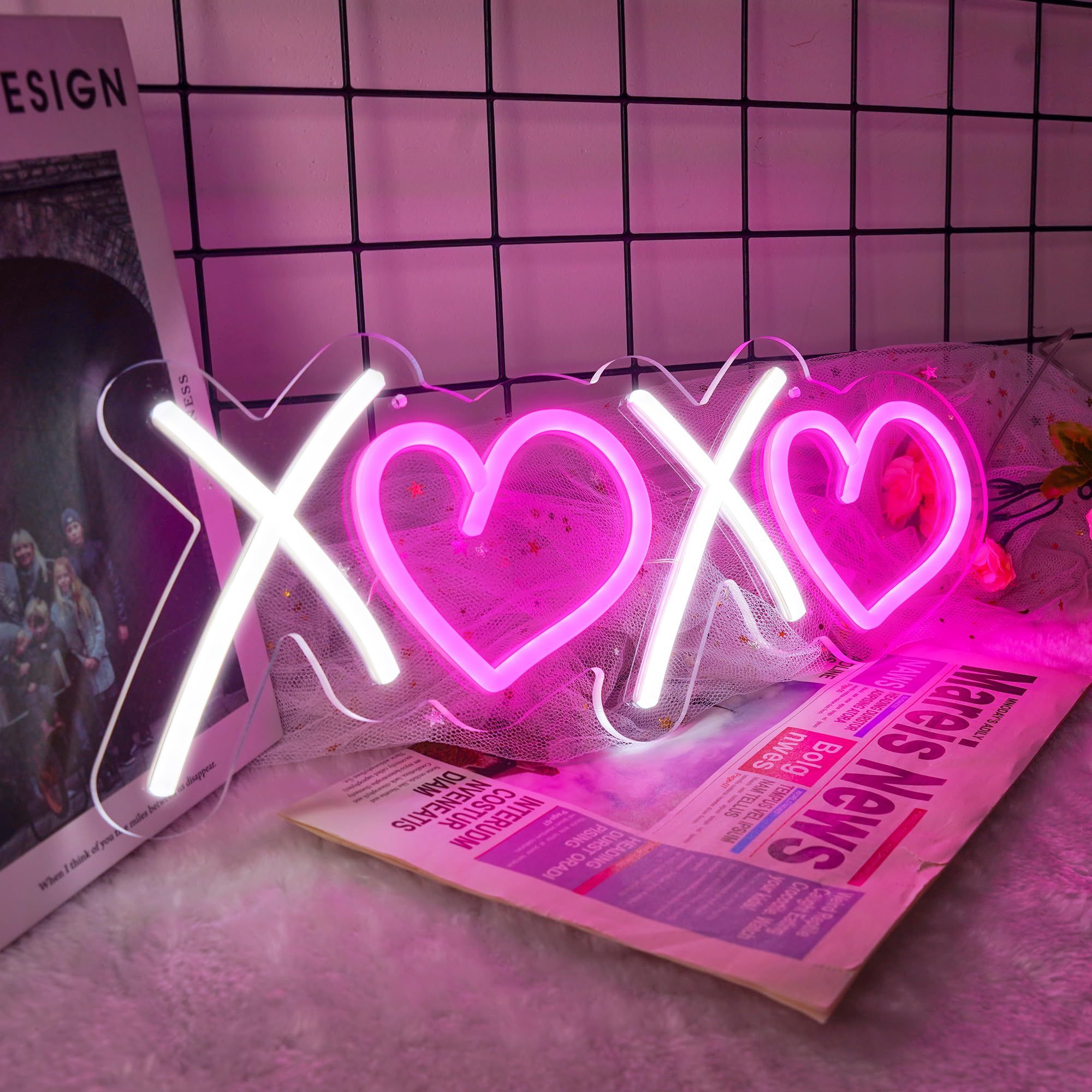 Aslanka XOXO Neon Sign, LED Light for Home Decor, Dimmable USB Powered, 15.75in x 5.91in, White Pink XOXO Model