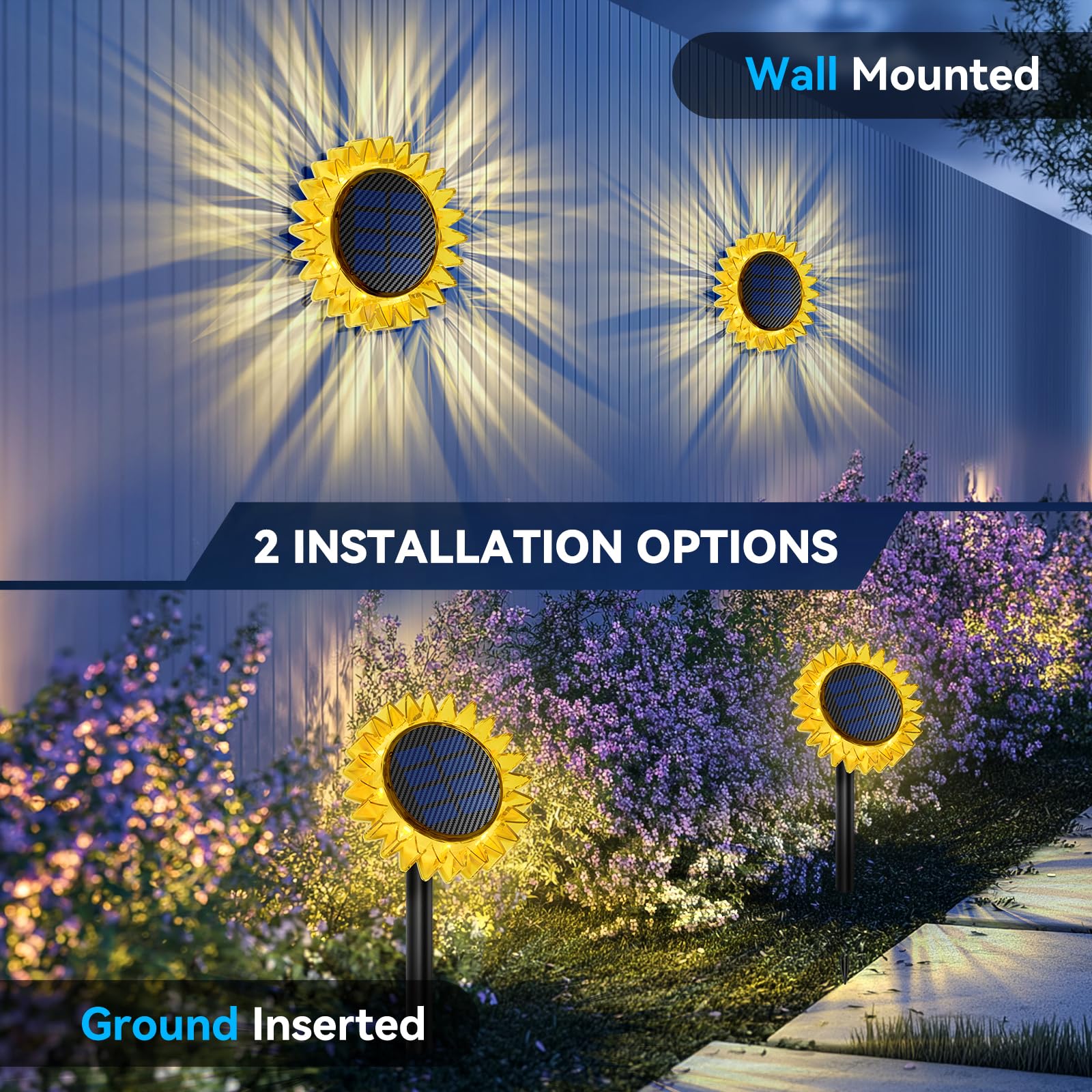VGYVGYCC Solar Garden Lights - 6 Pack, Upgraded Sunflower Design, Waterproof IP67, Yellow-Warm White, Plastic Material