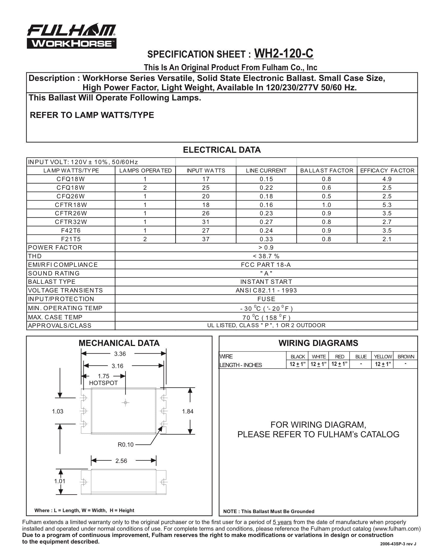 Fulham Lighting Wh2-120-C Workhorse 2 Versatile Fluorescent Lamp Ballast, 120V