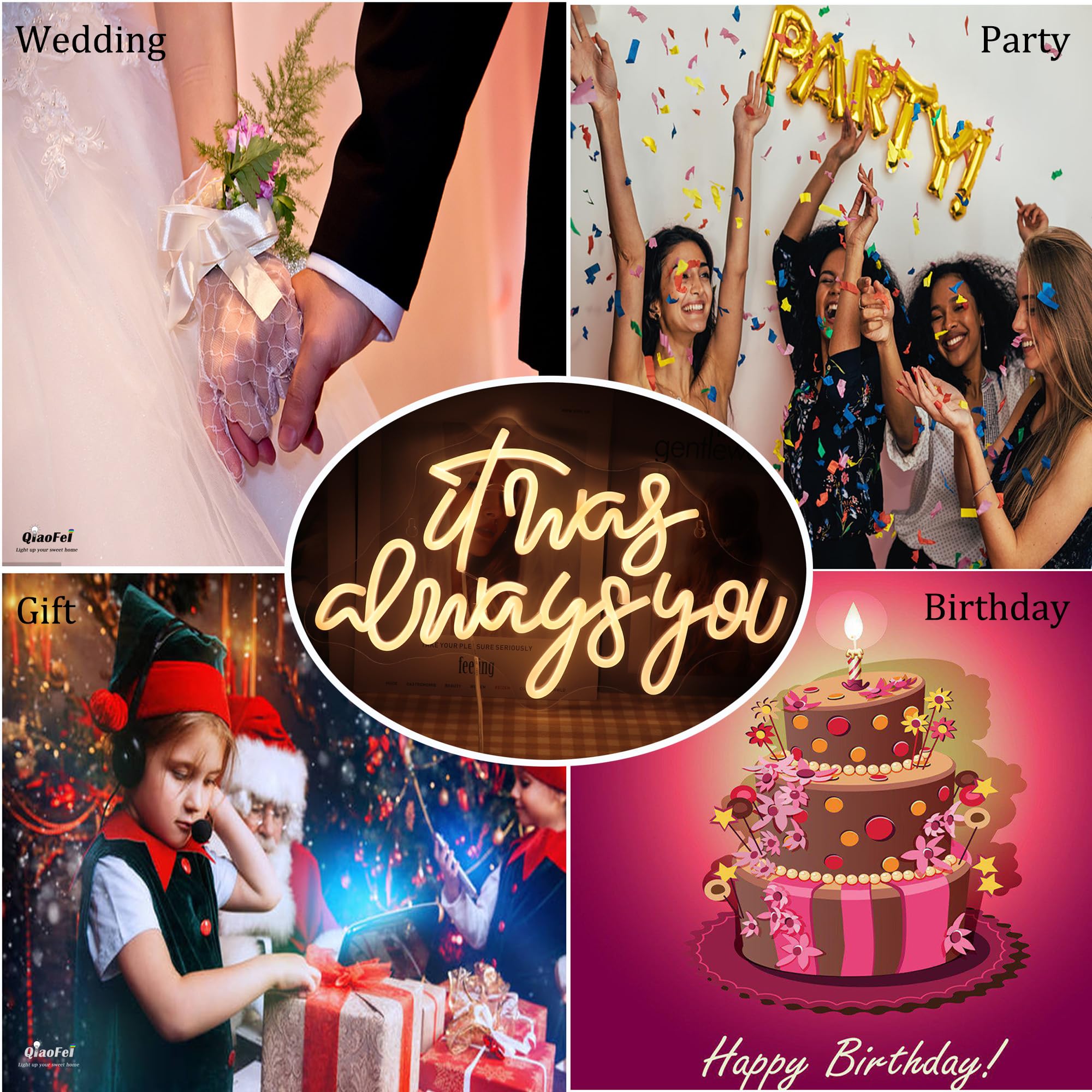 QiaoFei LED Neon Sign with Dimmer Switch, Warm White, Model QFLGT230317015, Decor for Wedding, Engagement, Birthday Party, Wall Decor
