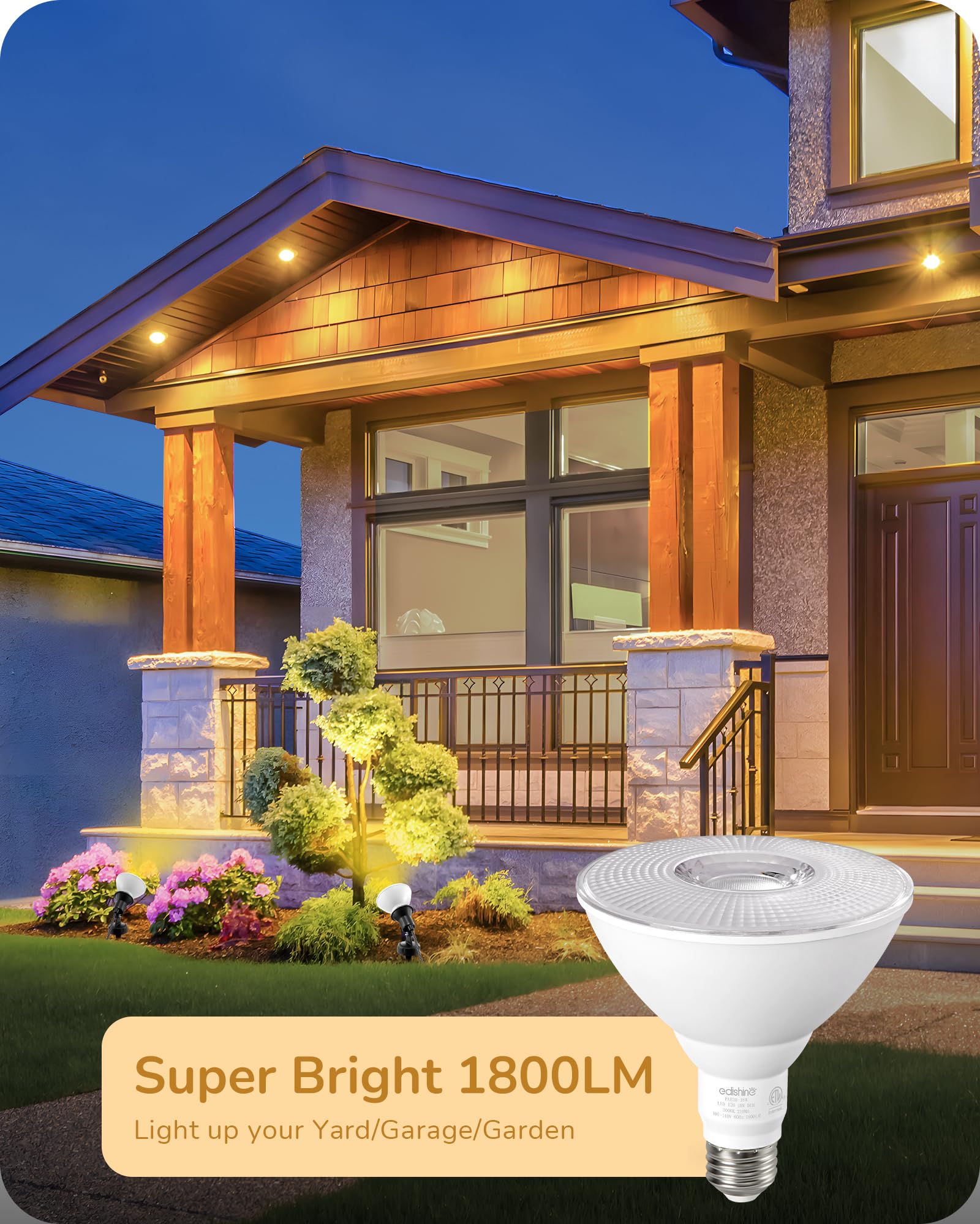 Edishine Par38 Led Outdoor Flood Light Bulbs 2 Pack, 120W Equivalent Dimmable Waterproof Led Flood Light Bulb 3000K Warm Light 1