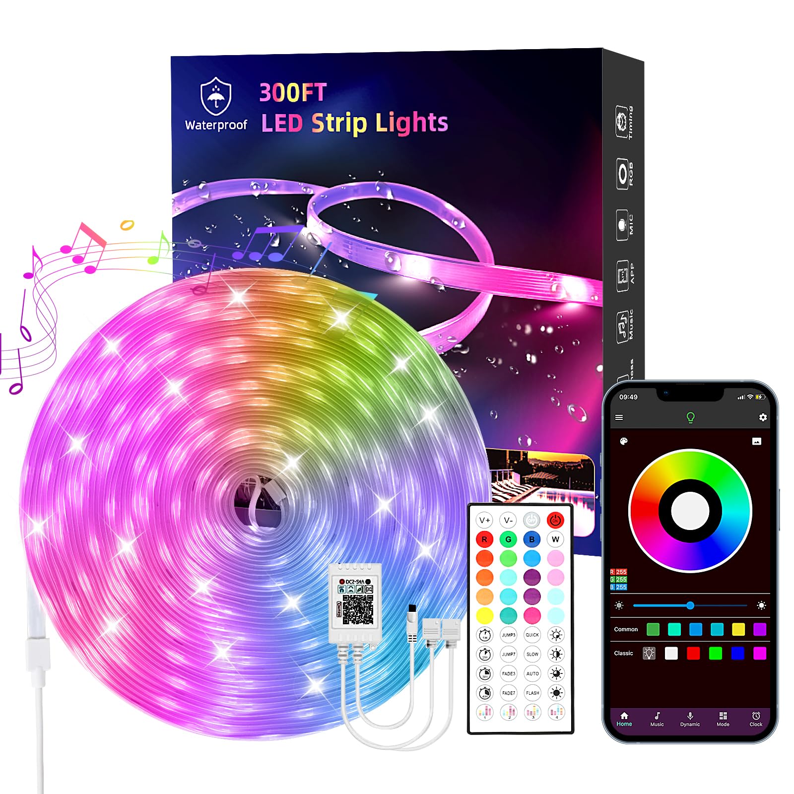 Outdoor waterproof led light with 300 FT (3 rolls 100 FT), app/remote control, IP65 waterproof, music synchronized RGB outdoor i
