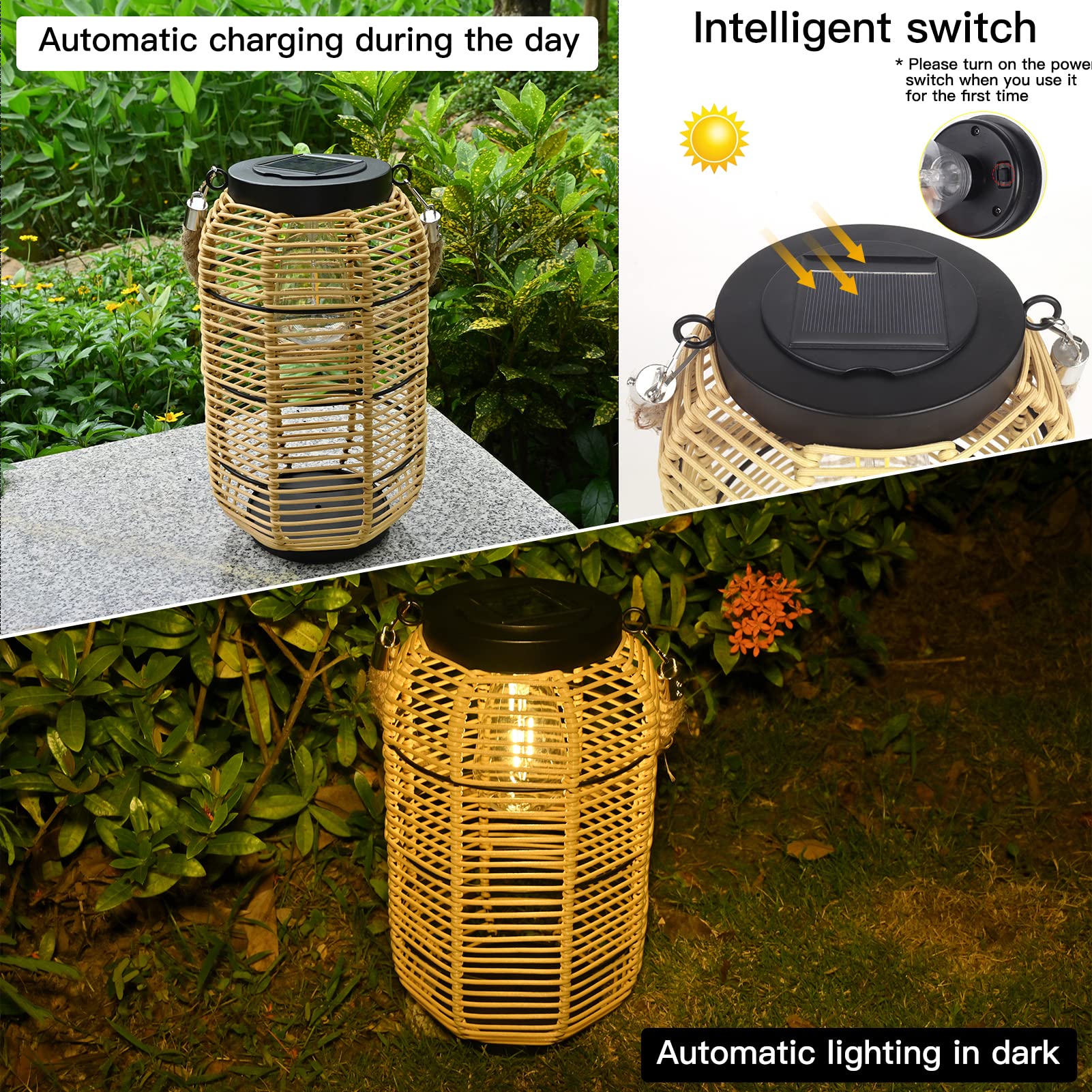 Livinlarge Solar Lantern - Outdoor Hanging Light, Waterproof Rattan with Twine Handle, Bright Edison Bulb, Multicolor, Model 434