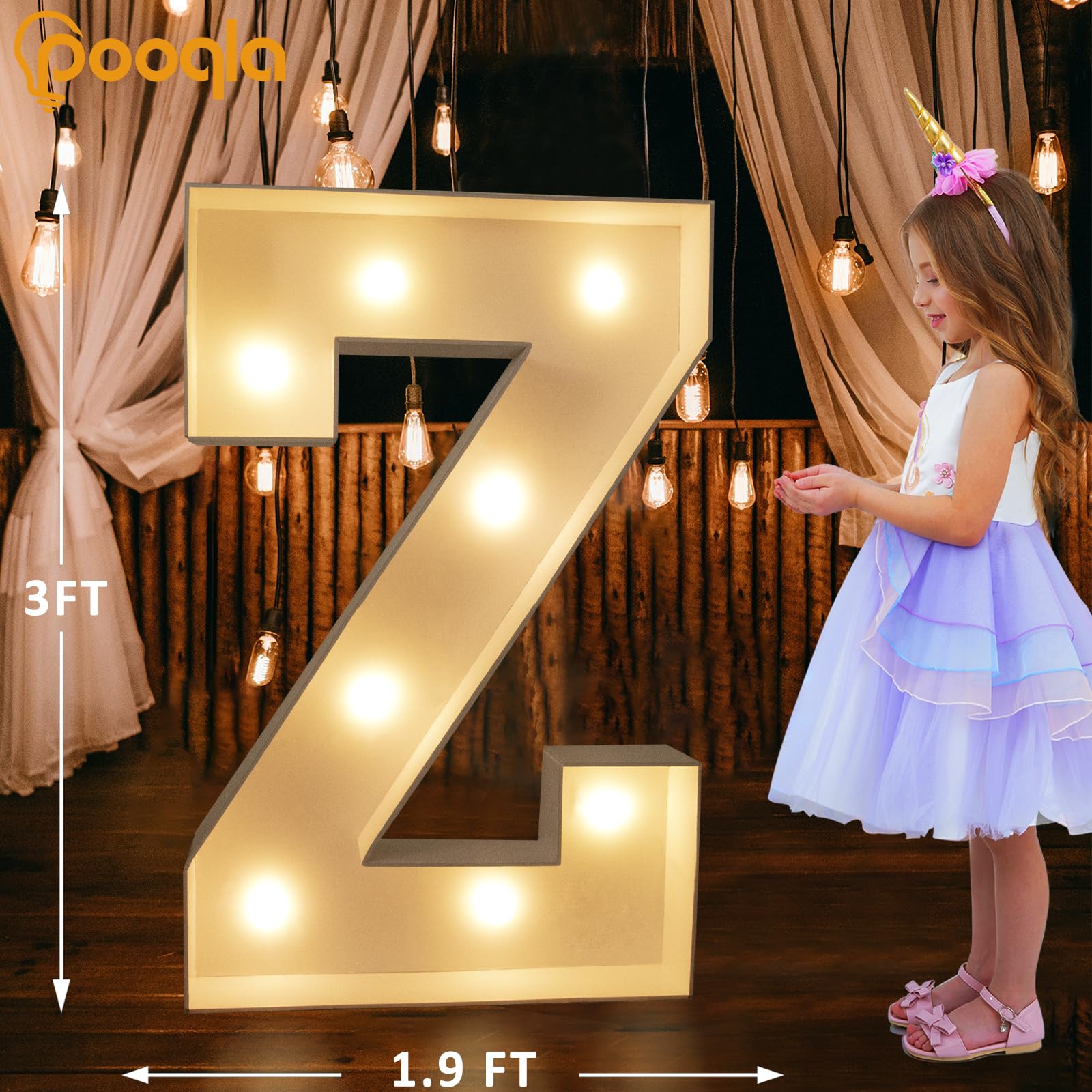 Pooqla 3FT Marquee Light Up Letter Z, Cool White & Warm White LED Decoration for Parties, Model 3FT-FXDJ 2W-Z