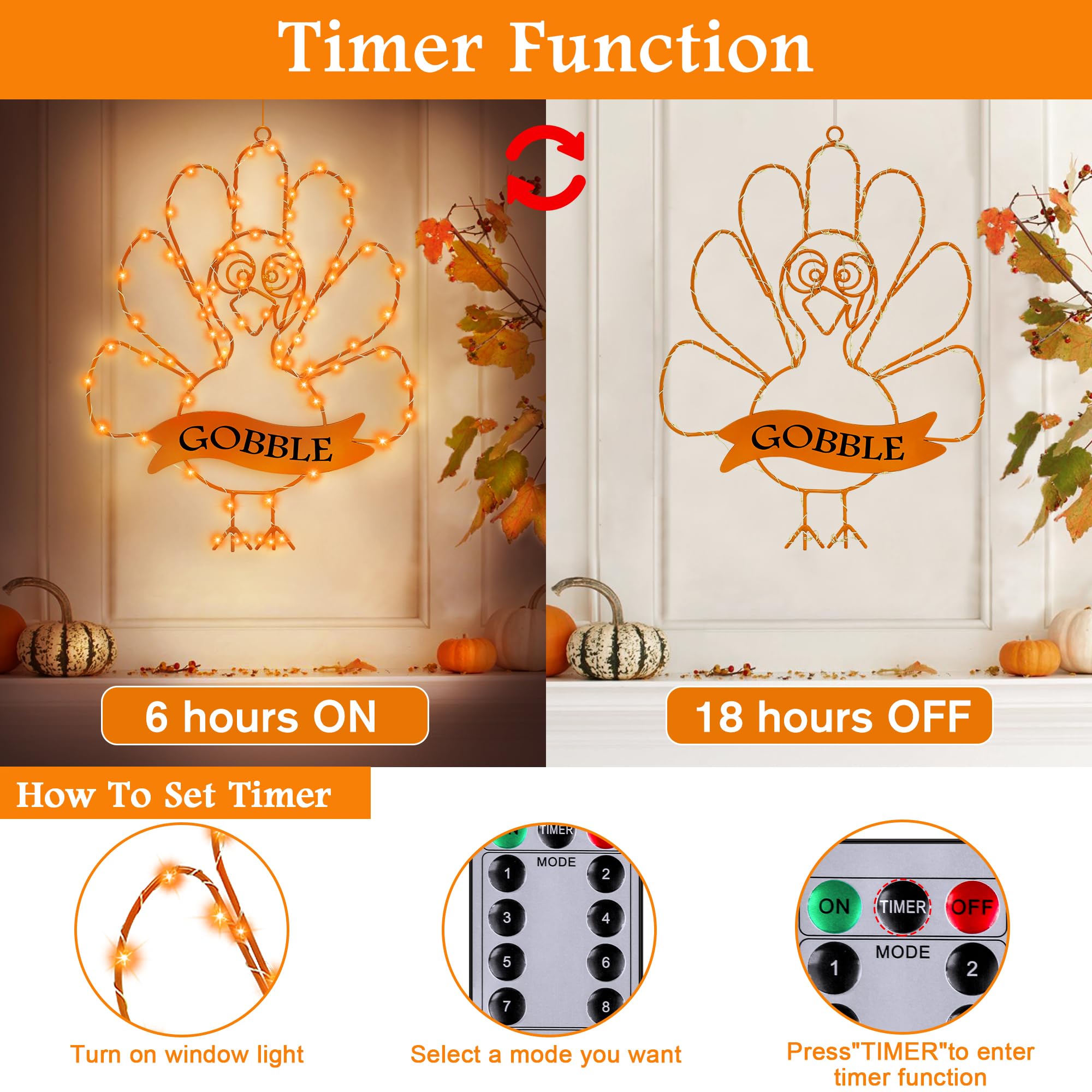 [Timer & 8 Modes] Thanksgiving Turkey Decorations Window Lights, Thanksgiving Window Decorations Silhouette Lights Orange Batter