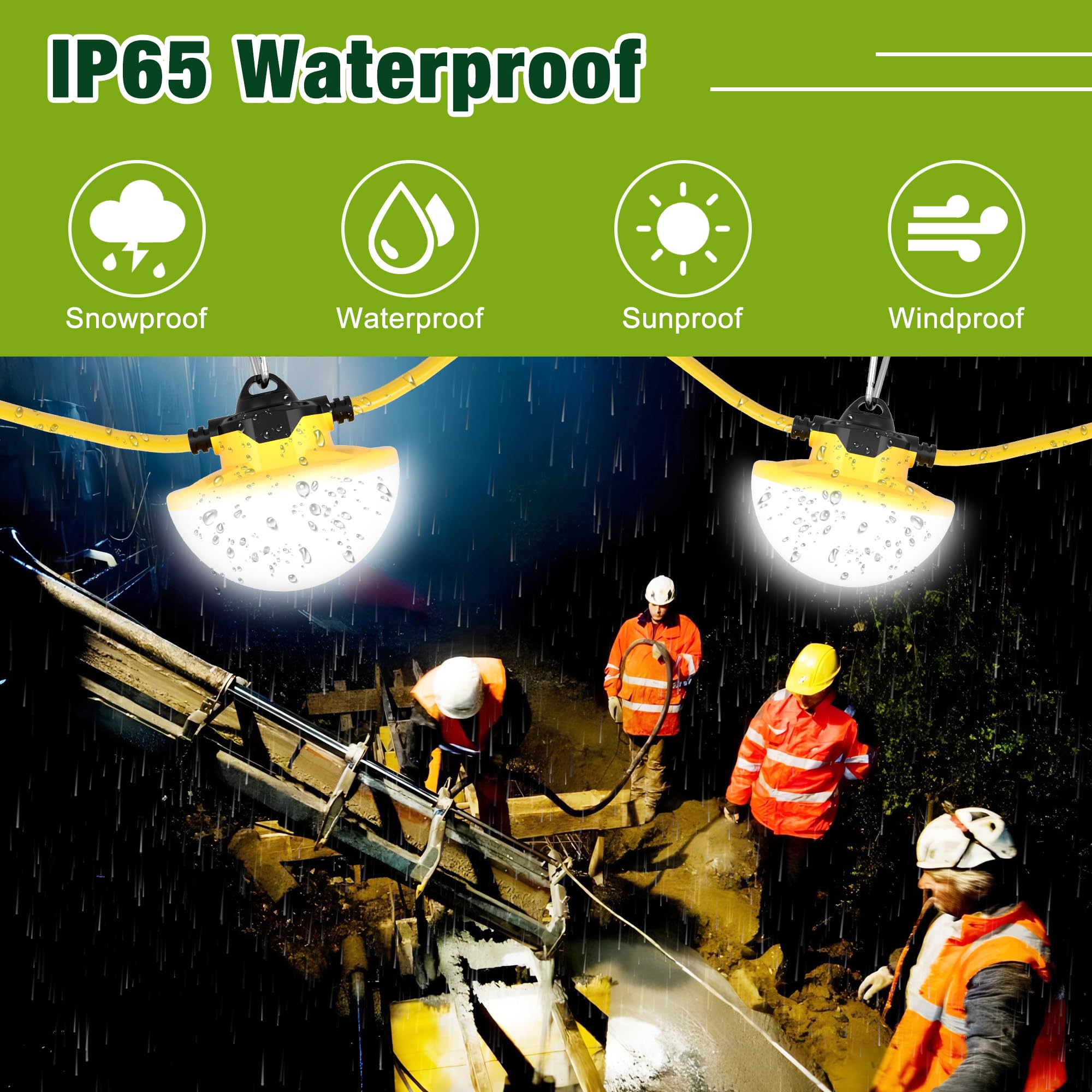 Yxl 65W 8000Lm Construction Lights String 50Ft Industrial Led String Work Lights, Ip65 Waterproof 18Awg Wire 5000K 123Lm/W Super Bright For Construction Sites Temporary Work Jobsites Outdoor Lighting