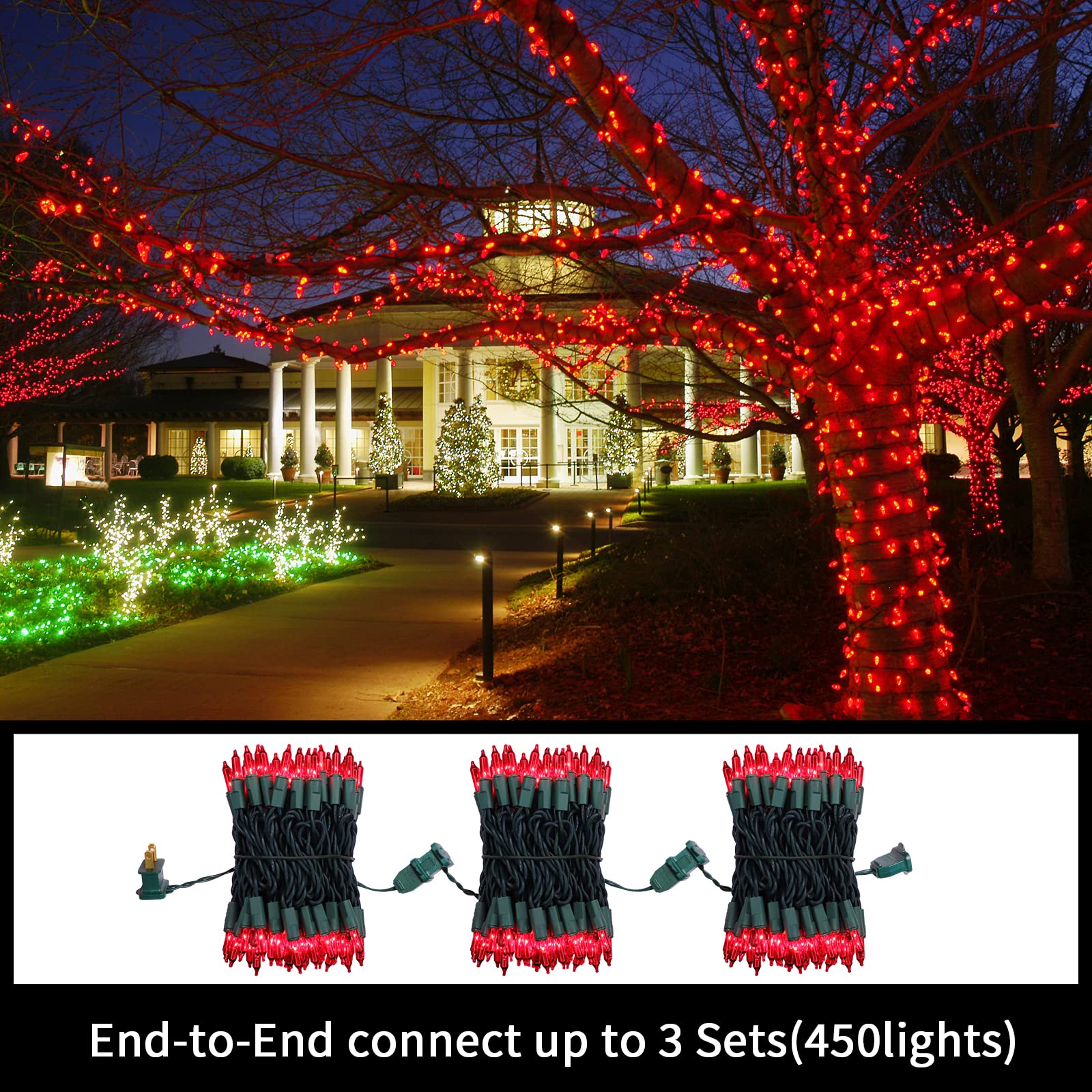 Lamphome Super-Bright Extendable Red Christmas Lights Decoration 300 Lights 63.8Ft(2Pk Of 150L) Ul Certified Mini Bulb String Lights Set For Outdoor Christmas Tree Garden Holiday Party Patio Decor