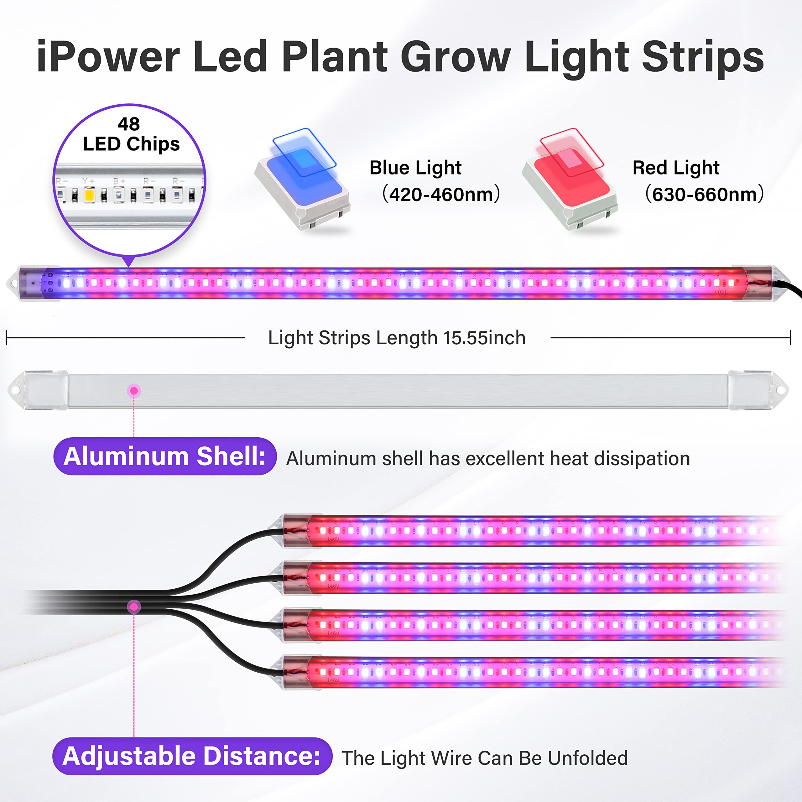 Ipower Led Grow Light Strips Full Spectrum For Indoor Plants With Auto On/Off 3/9/12H Timer, 10 Dimmable Levels 48 Leds Per Tube