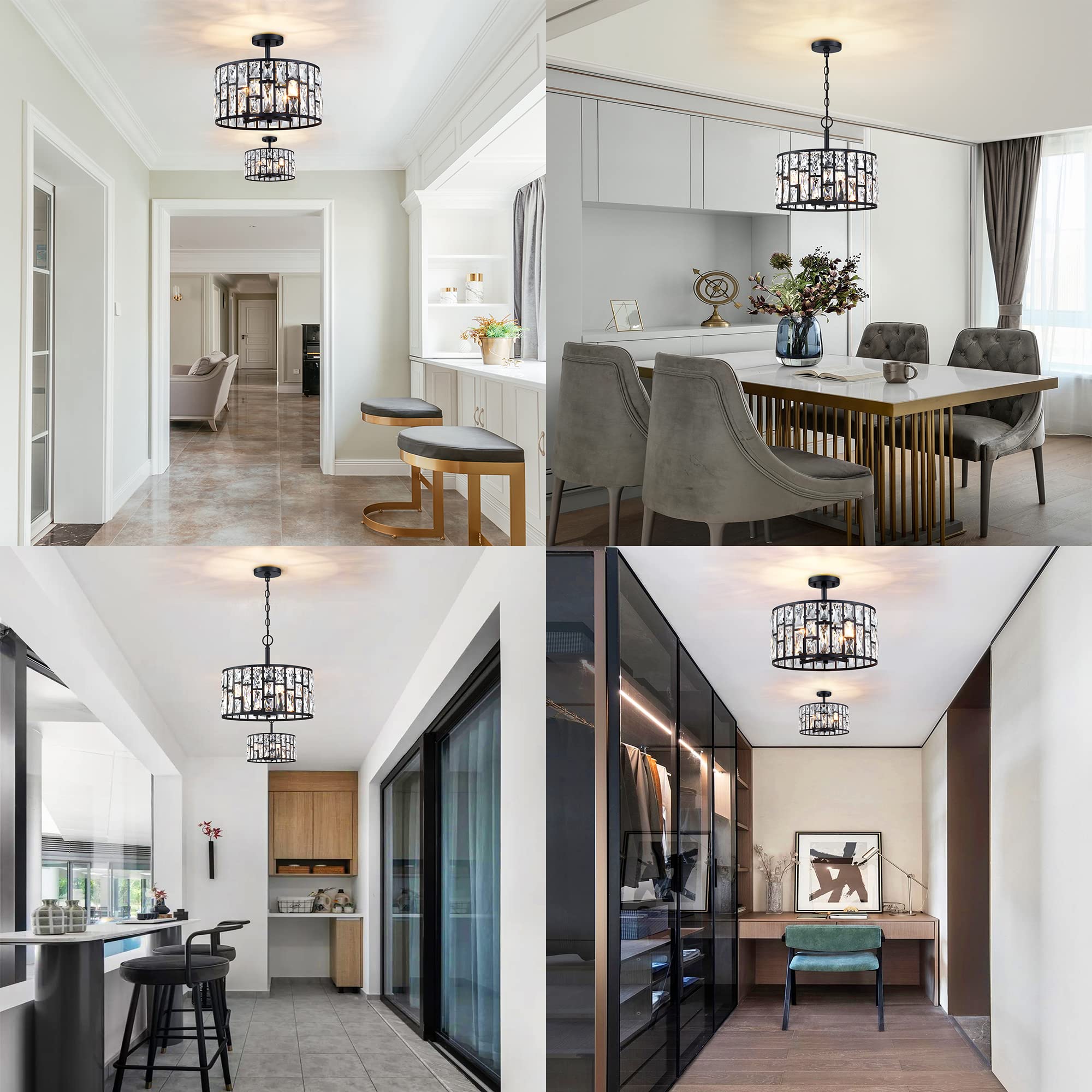 Mexo Farmhouse Black 4-Light Crystal Chandelier & Pendant Lighting For Kitchen & Dining Room