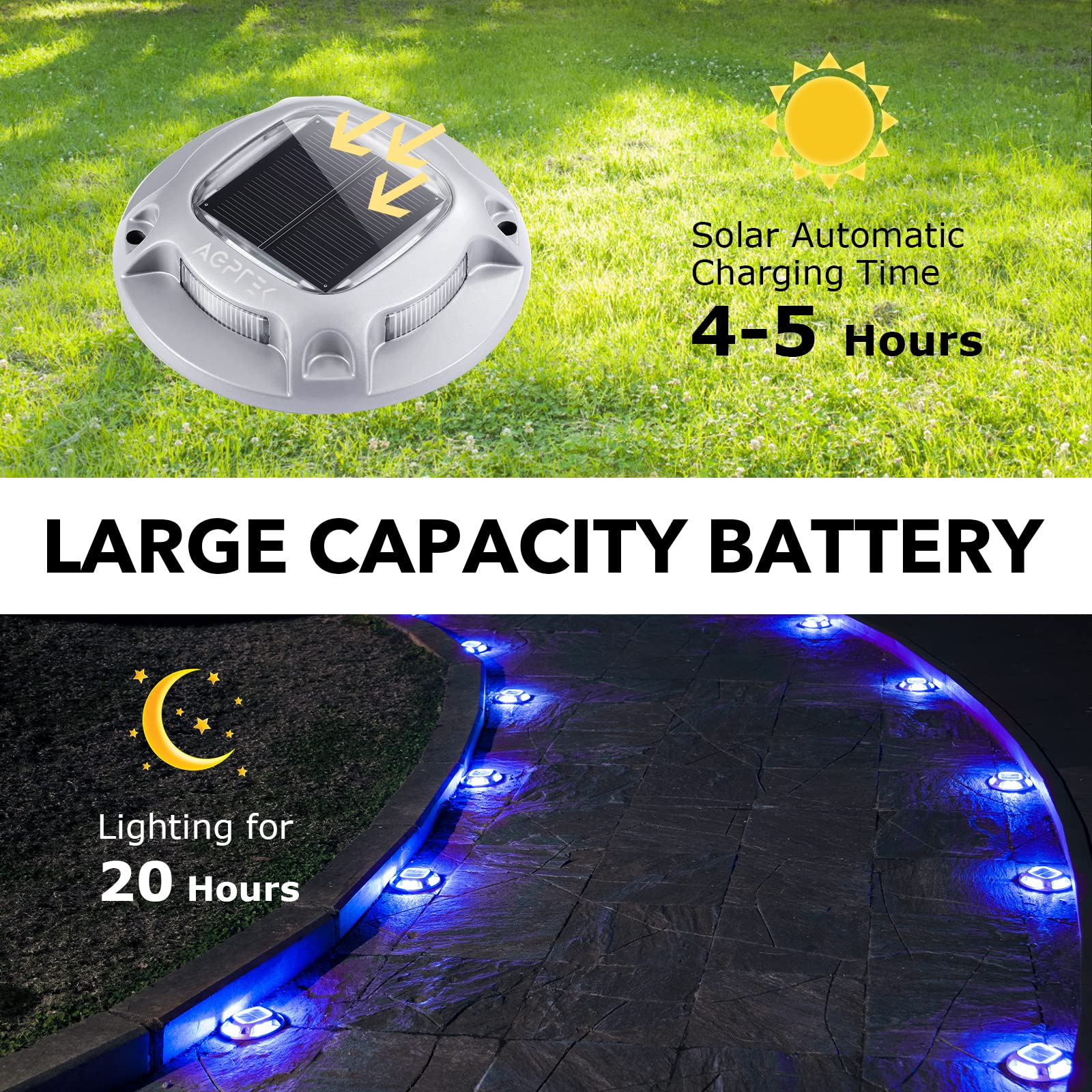 AGPTEK Solar Driveway Lights 12 Pack, Waterproof Aluminum Dock Lights, Blue & Cool White, Model SLD-MX