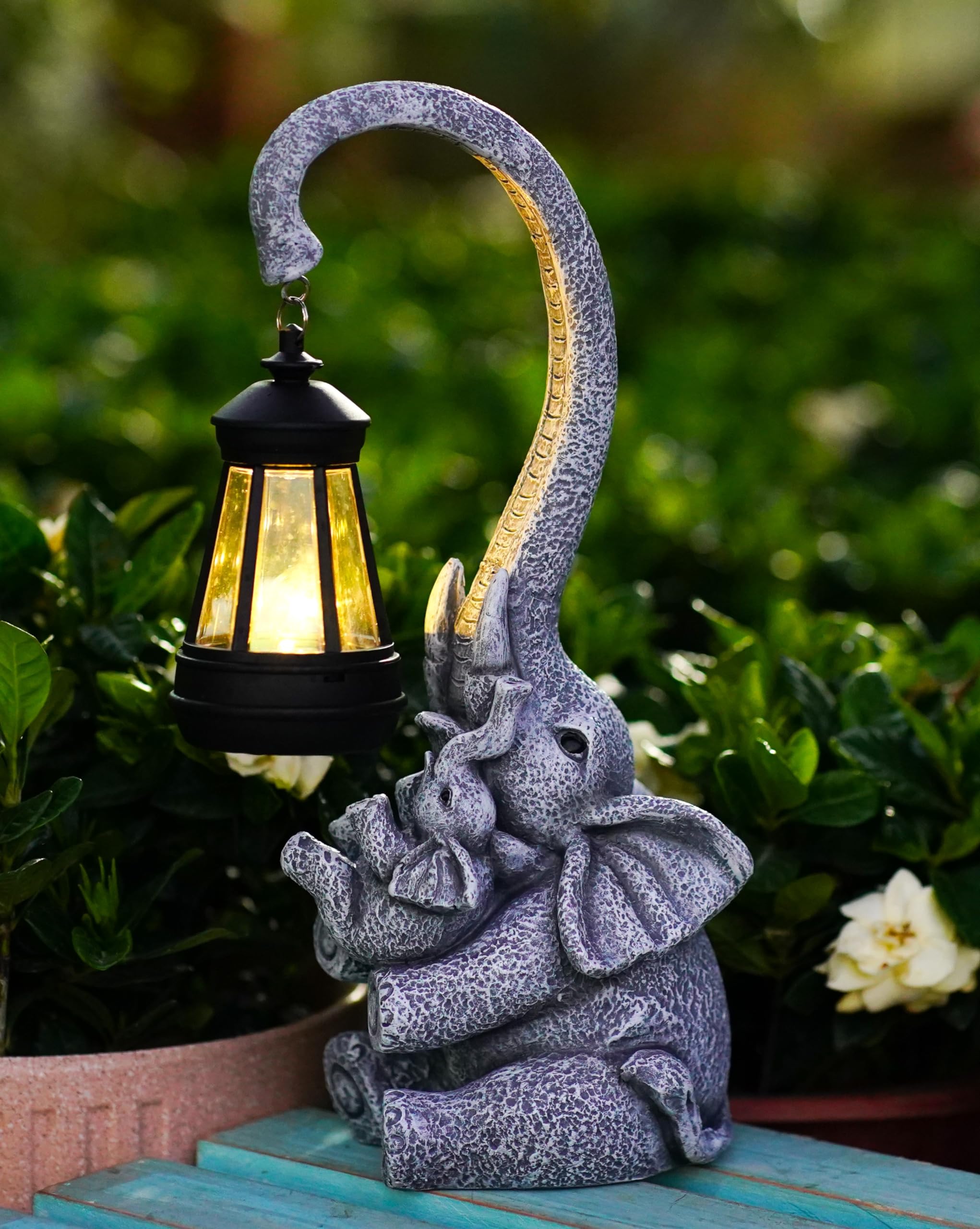 Pohabery Elephant Outdoor Statues with Cute Baby Garden Decor, Resin Elephant Figurines with Solar Lantern Outdoor Decoration Gi
