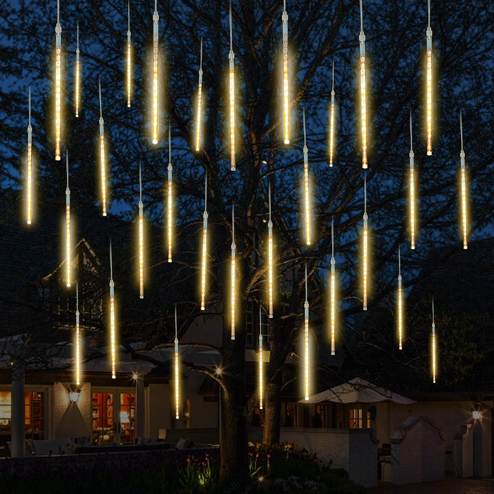 Brightown Meteor Shower Lights - 10 Tube 360 LED Outdoor Waterproof Christmas Lights - 16 Inch - Warm White