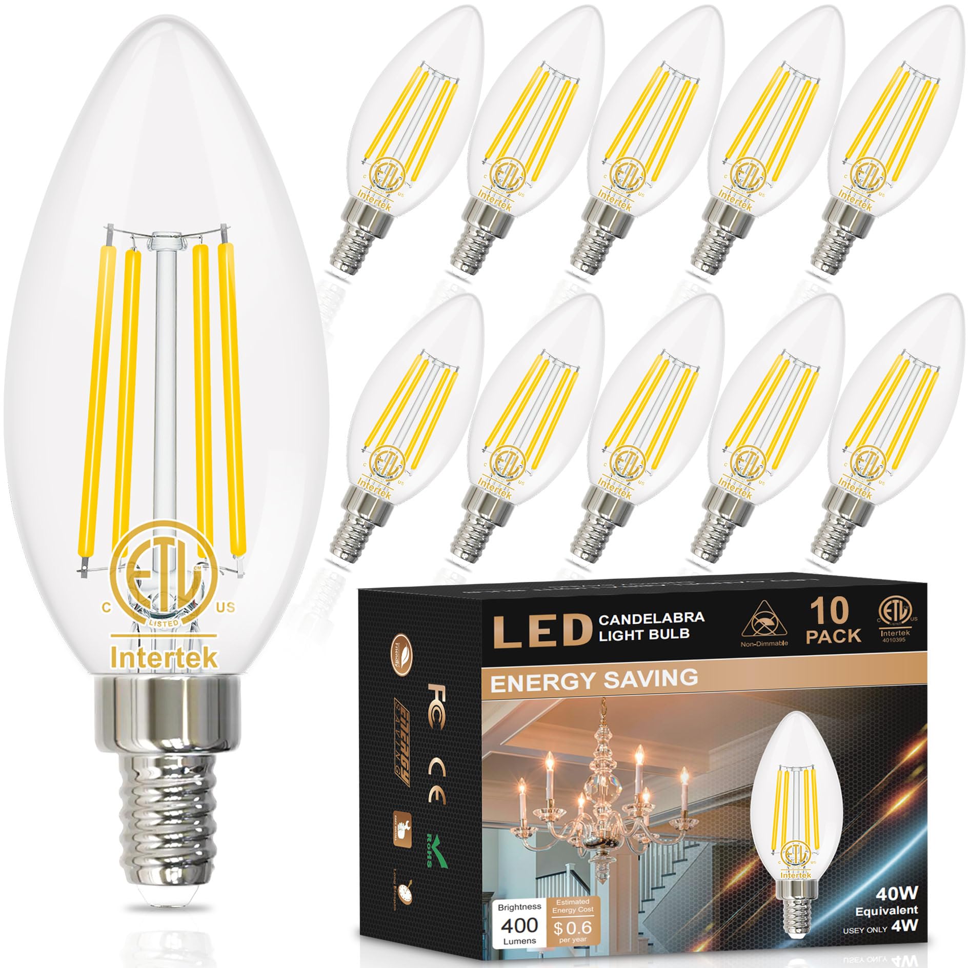 Hansang 10 Pack E12 Led Candelabra Bulb 4000K Natural Daylight, Ceiling Fan Light Bulbs 40W Equivalent, Samll Base Chandelier Li