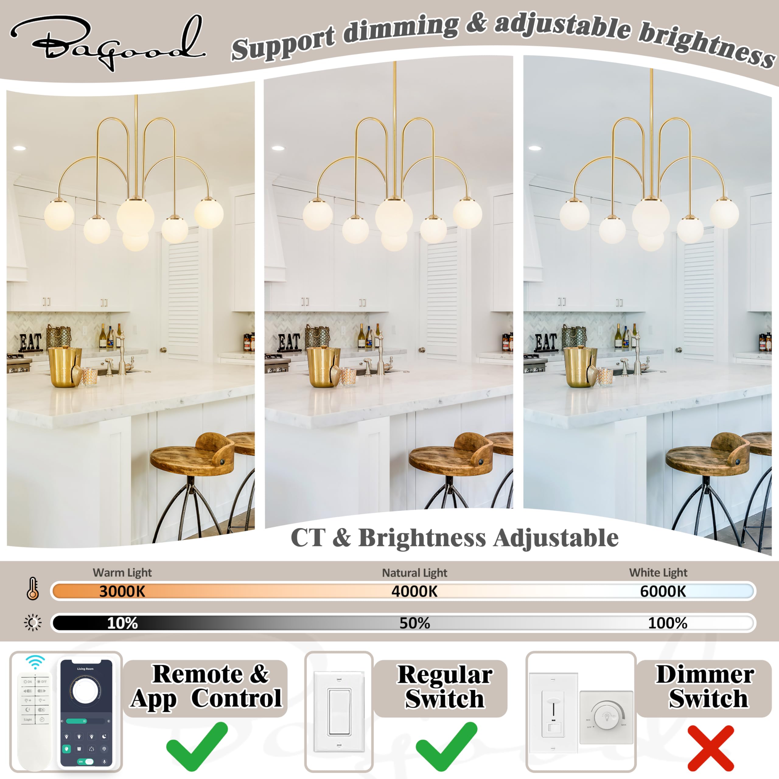 Bagood 6-Light Sputnik Chandelier, Opal Gold, Metal, 29.5" Dimmable with Milk Glass Shade, Model DGQ-U06-NJ