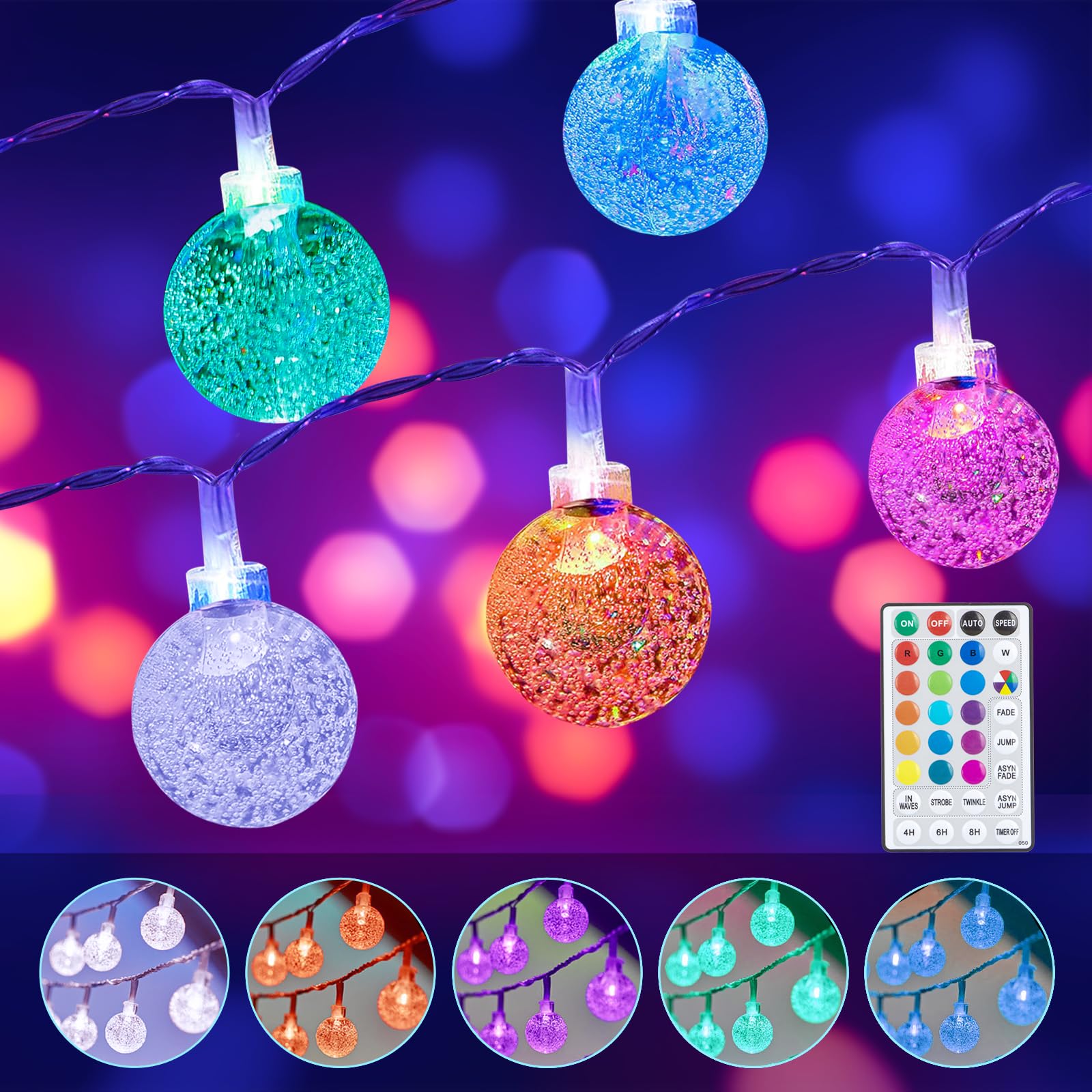 Anjaylia 26.3Ft 60 Led Globe String Lights, Multicolor, Remote Control, 4 Modes For Parties