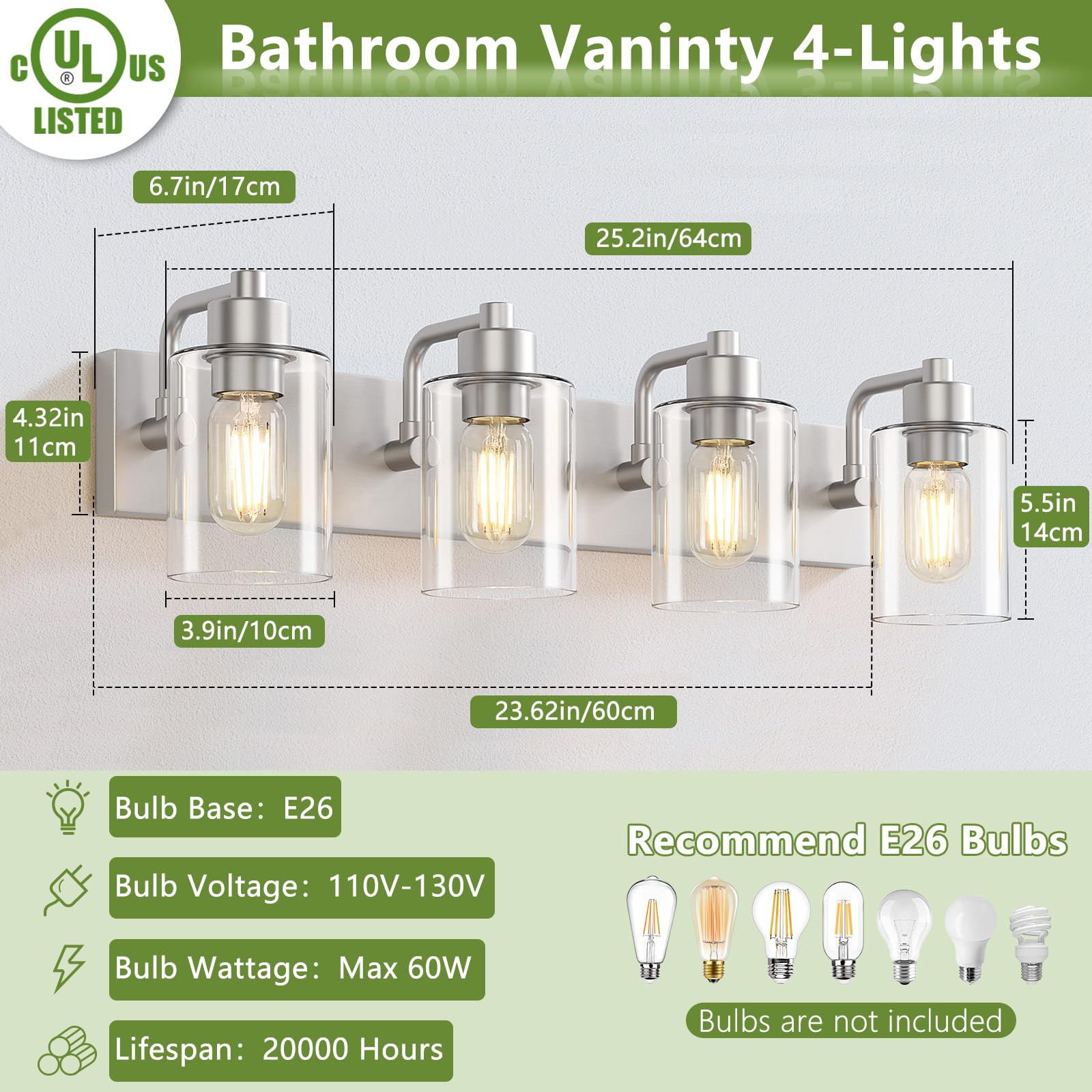 Dpyrrhic Brushed Nickel Bathroom Light Fixtures, Wall Mounted 4-Light Bathroom Lights Over Mirror With Clear Glass Shade,Wall Sc