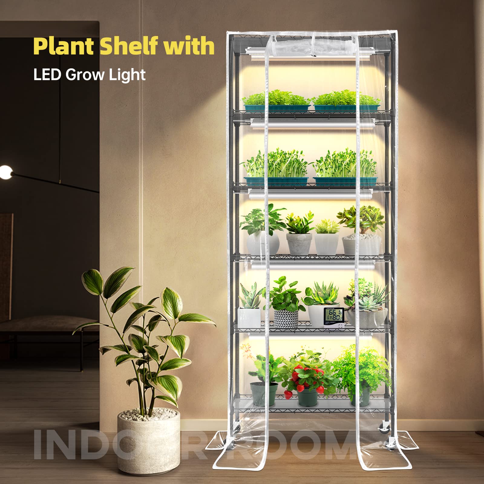 Bstrip 6-Tier Plant Shelf with Grow Light, Alloy Steel Greenhouse, 29.5"L×13.8"W×70"H, Warm Yellow & Pink