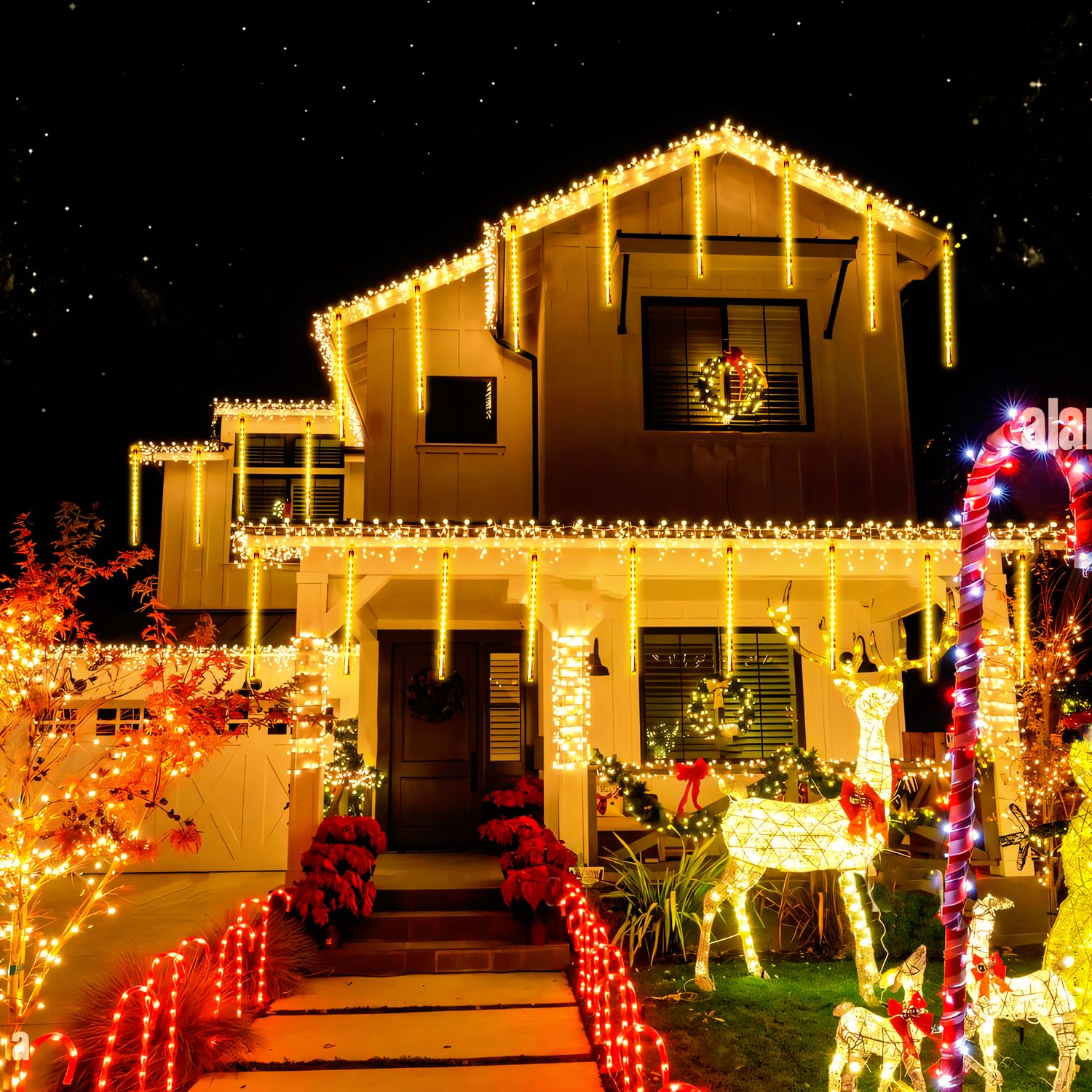 Jmexsuss 2 Pack Solar Meteor Shower Lights, 16 Tube 288 Led Warm White Meteor Christmas Lights, Solar Christmas Lights Outdoor Waterproof For Tree Christmas Decorations