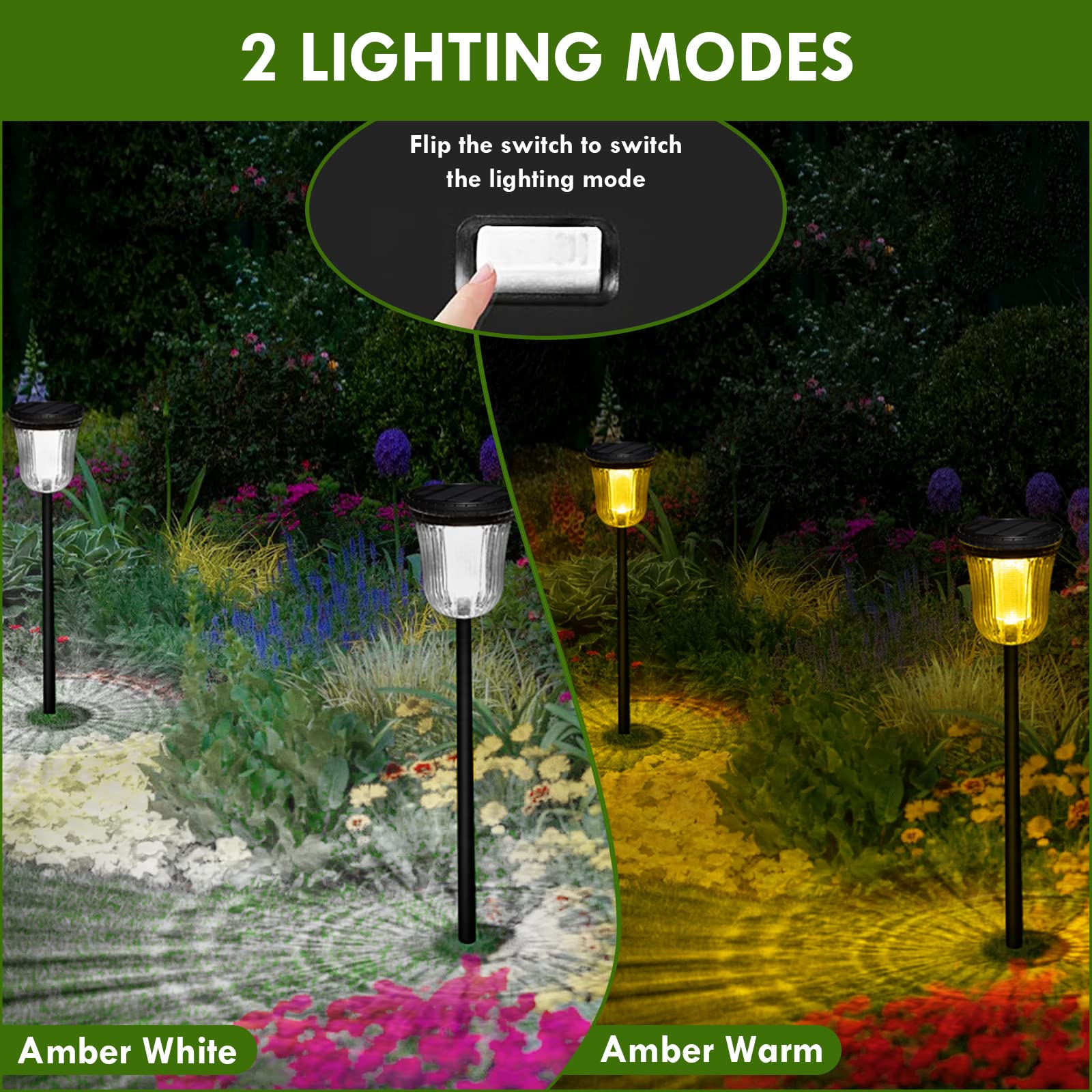 WTGEGF Solar Pathway Lights 200 Lumens, 2-in-1 Warm White/Daylight, 2 Pack, Black, Waterproof, Monocrystalline Silicon