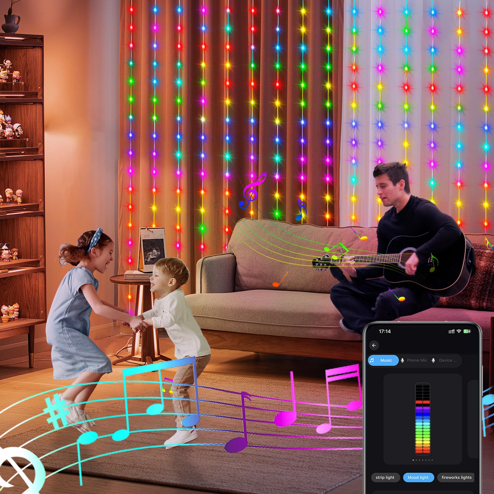 Echosari Smart Curtain Lights 5050 Rgb Built In Chip, 300 Led 16 Million Colors Diy Curtain Lights With Remote/App Rainbow Curta