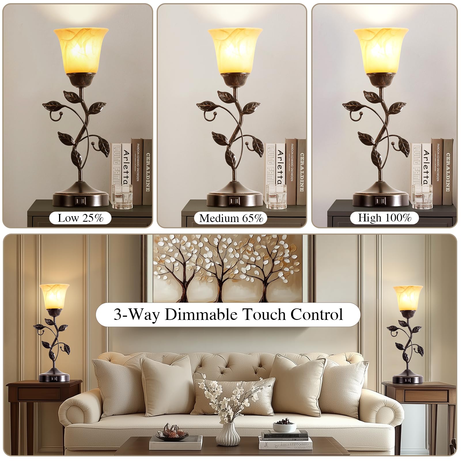 Roriano Set Of 2 Touch Vintage Table Lamps With 2 Usb Ports, 3-Way Dimmable Nightstand Flower Lamps, Amber Glass Shade Rustic Le