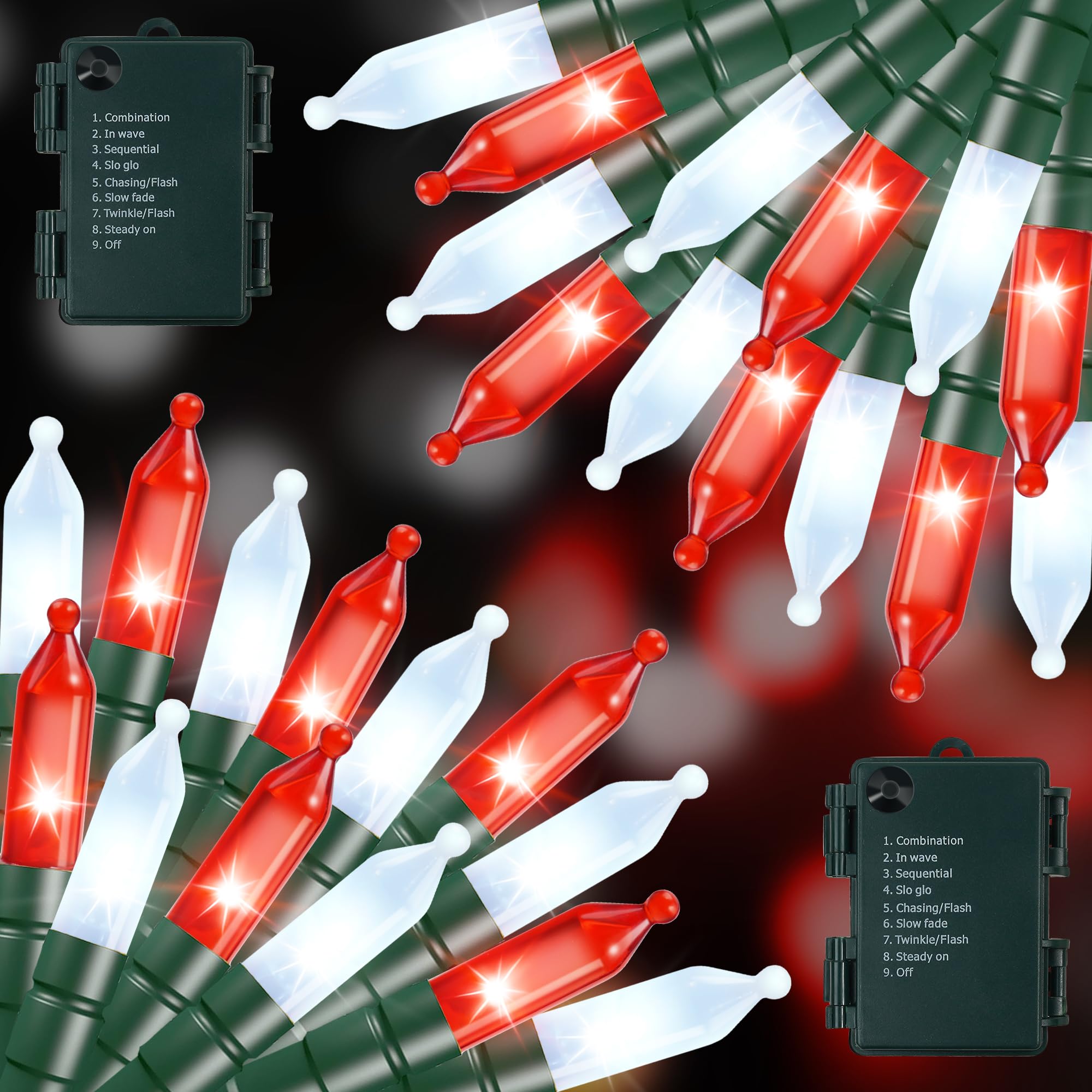 RECESKY Christmas String Lights - 100 LED, 36ft, Battery Operated, Built-in Timer, Red White, Model RCSK-YLDCH-2P50LLPRW
