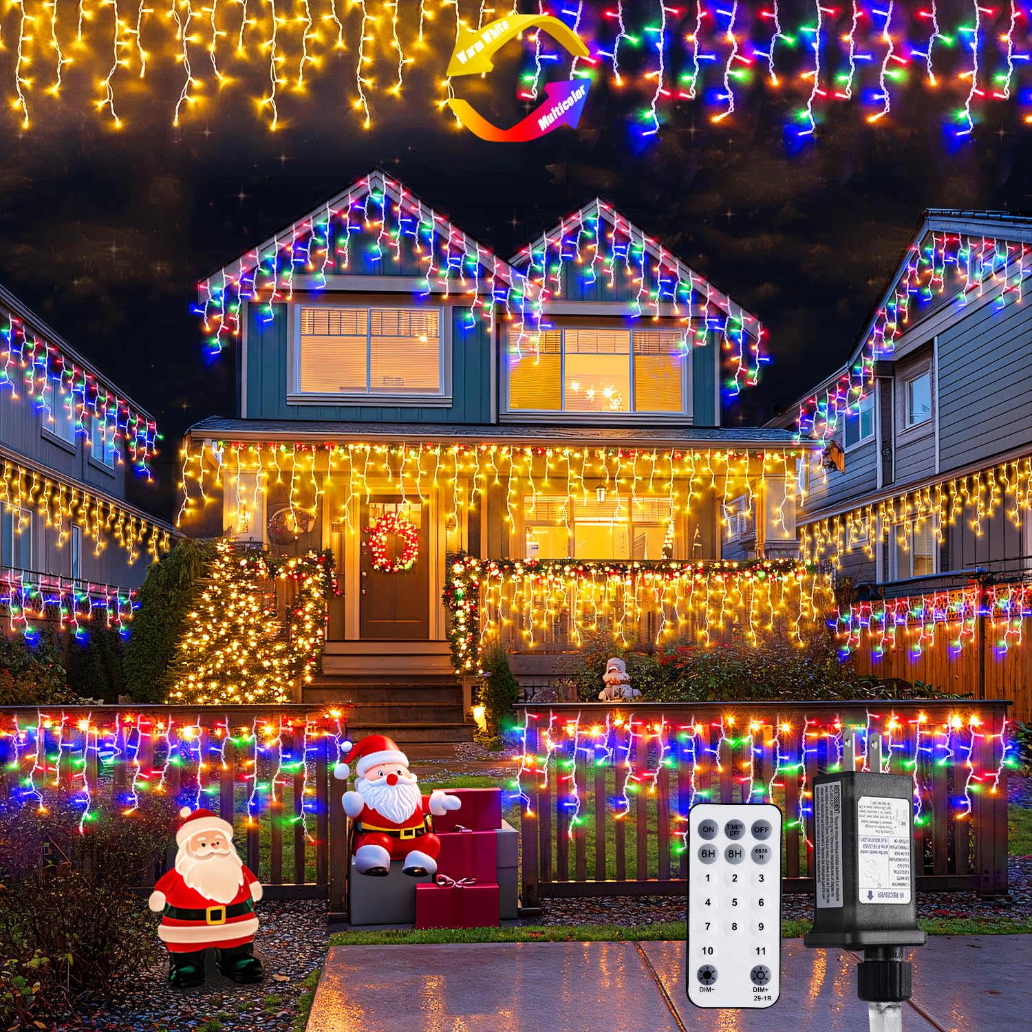 JMEXSUSS Color Changing Christmas Icicle Lights, 400 LED, Waterproof, 11 Modes, Warm White to Multicolor, Model EXS-I-0400-R