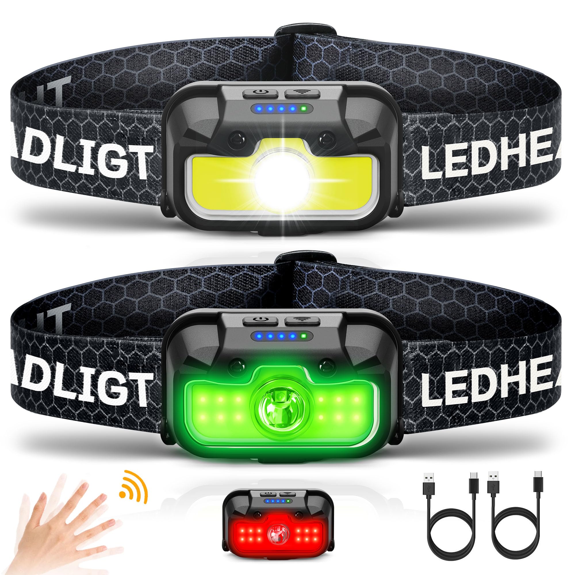 Hokoiln Headlamp Rechargeable, 2 Pack 1300 Lumen Ultra-Light Bright Head Lamp With White Red Green, 14 Modes Adjustable Waterpro