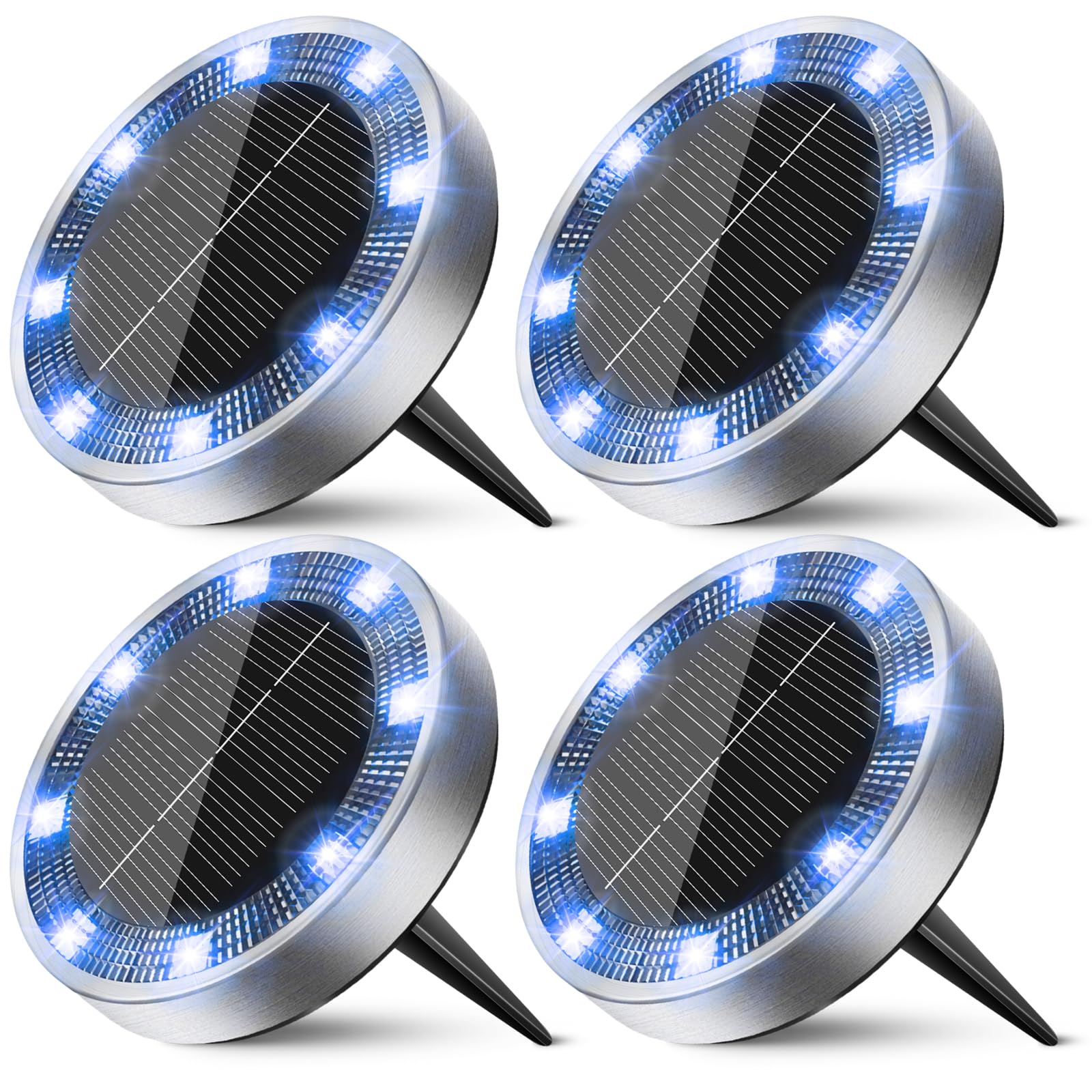 Peasur Mini Solar Ground Lights, 4 Pack, IP68 Waterproof, Stainless Steel, Blue, Outdoor Landscape Lighting for Pathway and Garden