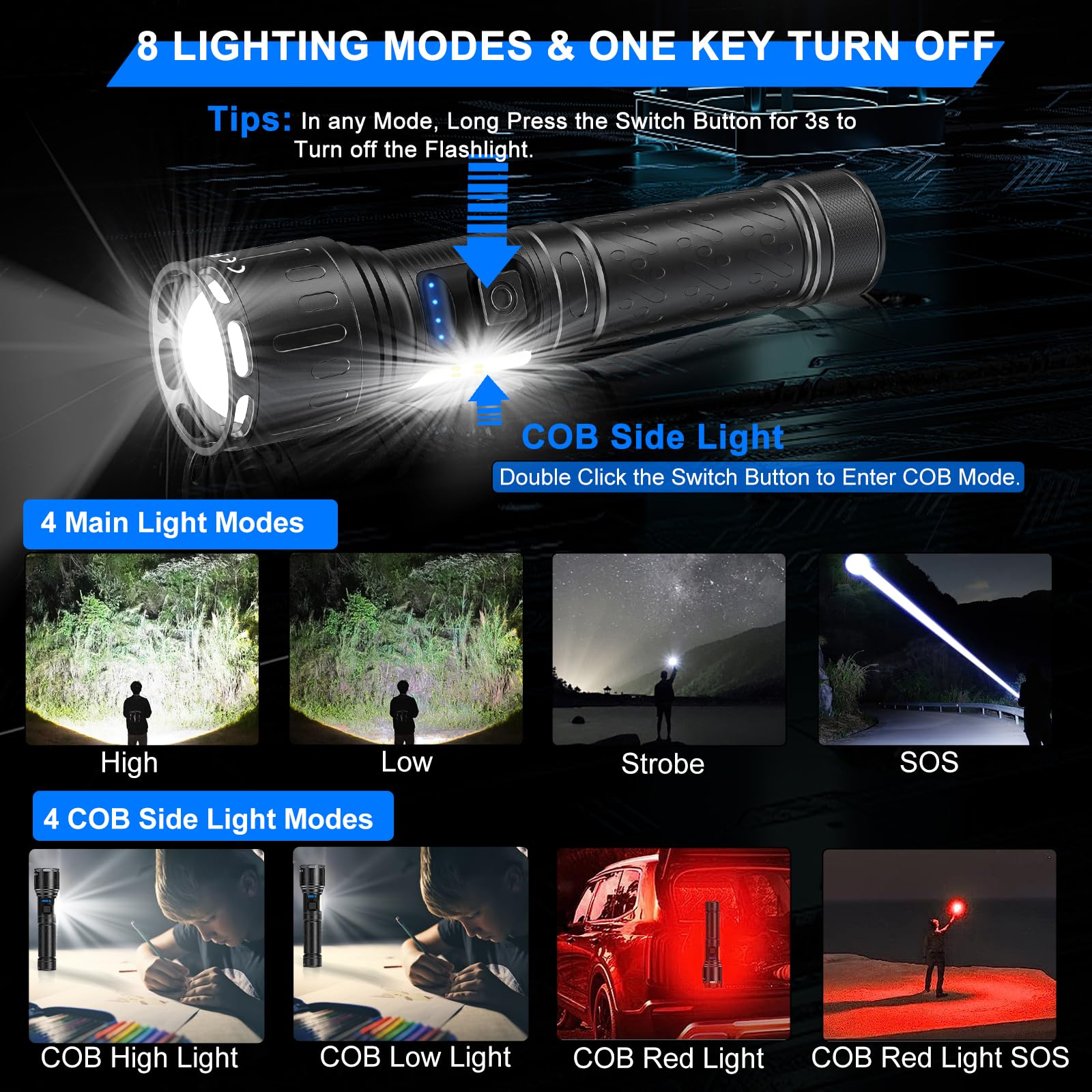 Rechargeable Magnetic Flashlights 100 000 High Lumens  Super Bright Led Powerful Flashlight 8 Modes With Cob Work Light  Waterproof Handheld Flash Light For Camping (2 Pack With Paper Box  Black)