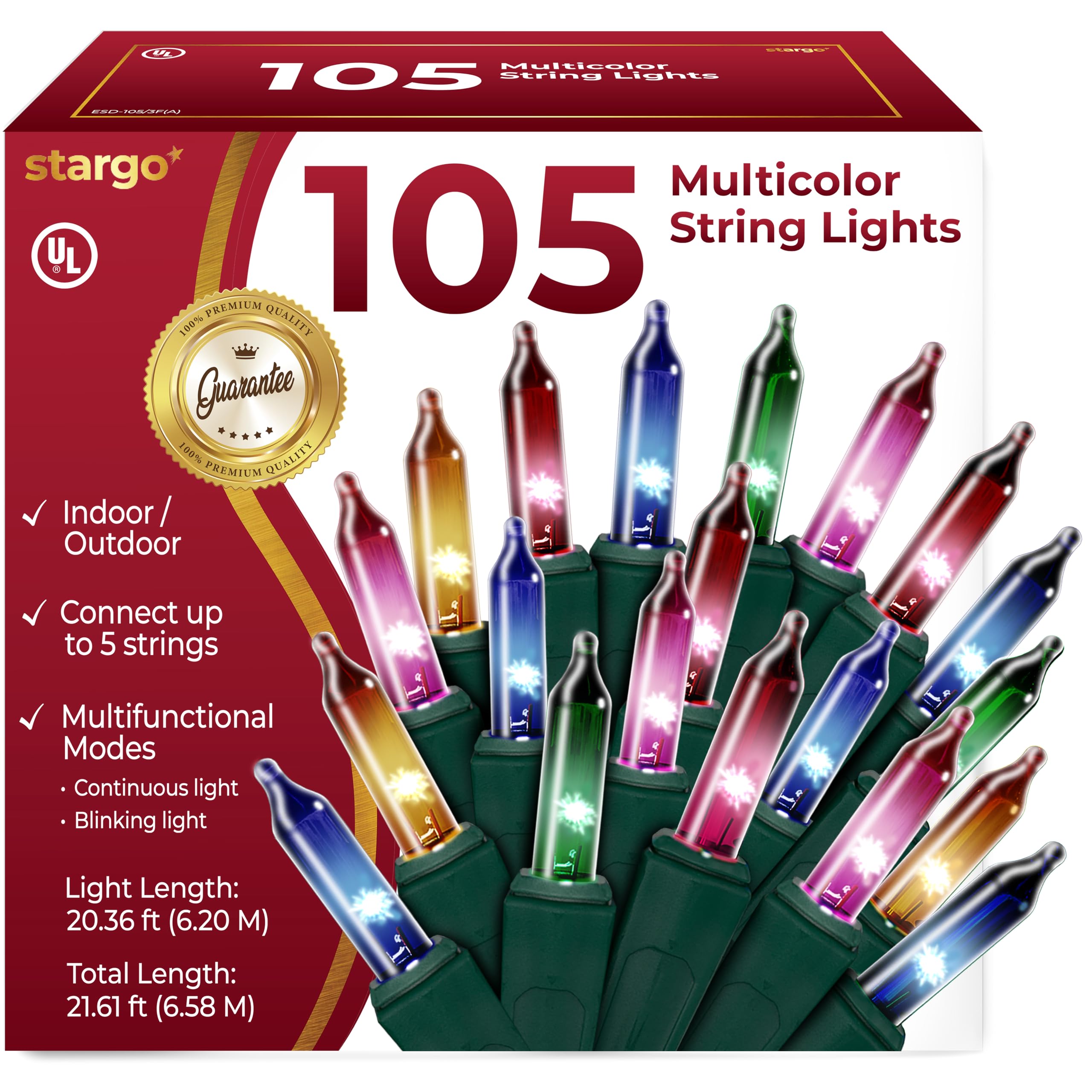 Warm Multi Color Christmas Lights - 20 ft String of 105 Incandescent Mini Bulbs Multifunctional Lighting Modes, for Decorative, Bedroom, Outdoor, Xmas Twinkle Tree Lights with Green Wire Total 21.6 ft