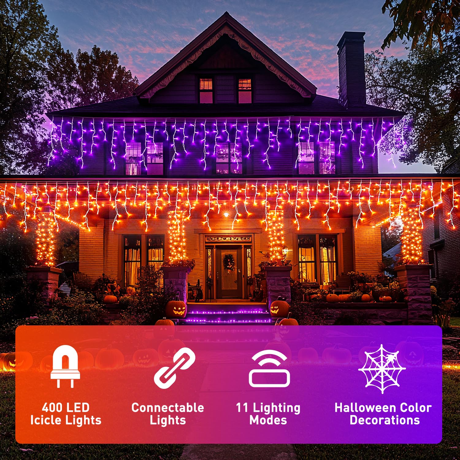 JMEXSUSS Halloween Icicle Lights, 400 LED, Waterproof, 11 Modes, Color Changing Orange to Purple, Model EXS-I-0400-R