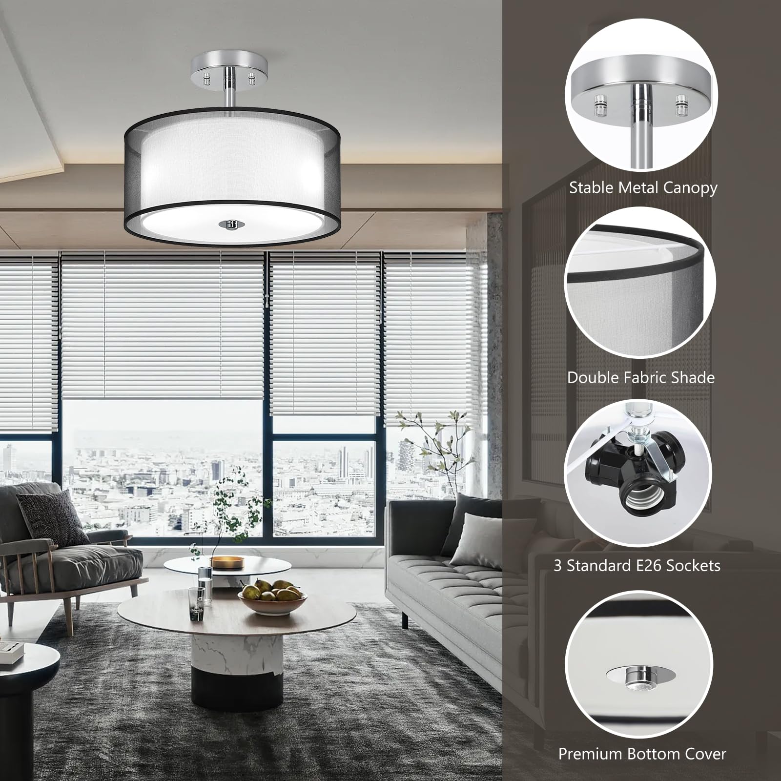 Semi Flush Mount Black 3-Light Ceiling Fixture For Bedrooms With Double Fabric Shade