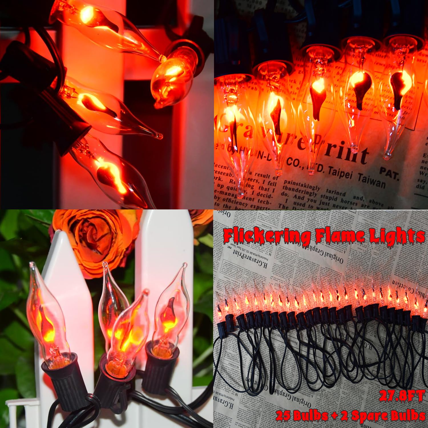 27.8Ft Halloween Flame Lights Flickering Flame String Lights With 25 Pack Clear Glass Flame Light Bulbs, Flame Lights For Christmas Halloween Decorations Indoor Outdoor Home Party (2 Spare E12 Bulbs)