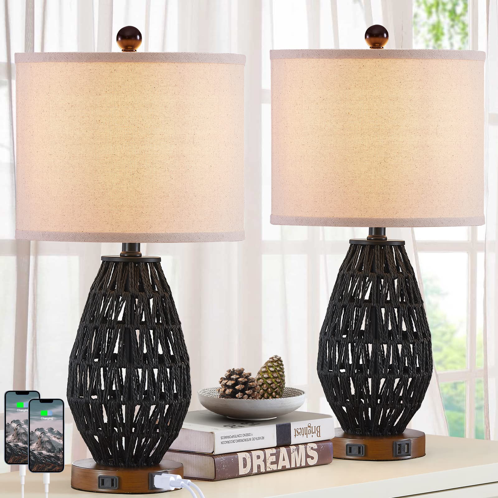 CINSARY Touch Control Rattan Table Lamps, 3 Way Dimmable Bedside Lamps for Bedroom Set of 2 with 2 USB Ports and AC Outlet, Black Wicker Nightstand Lamps for Living Room (LED Bulbs Included)