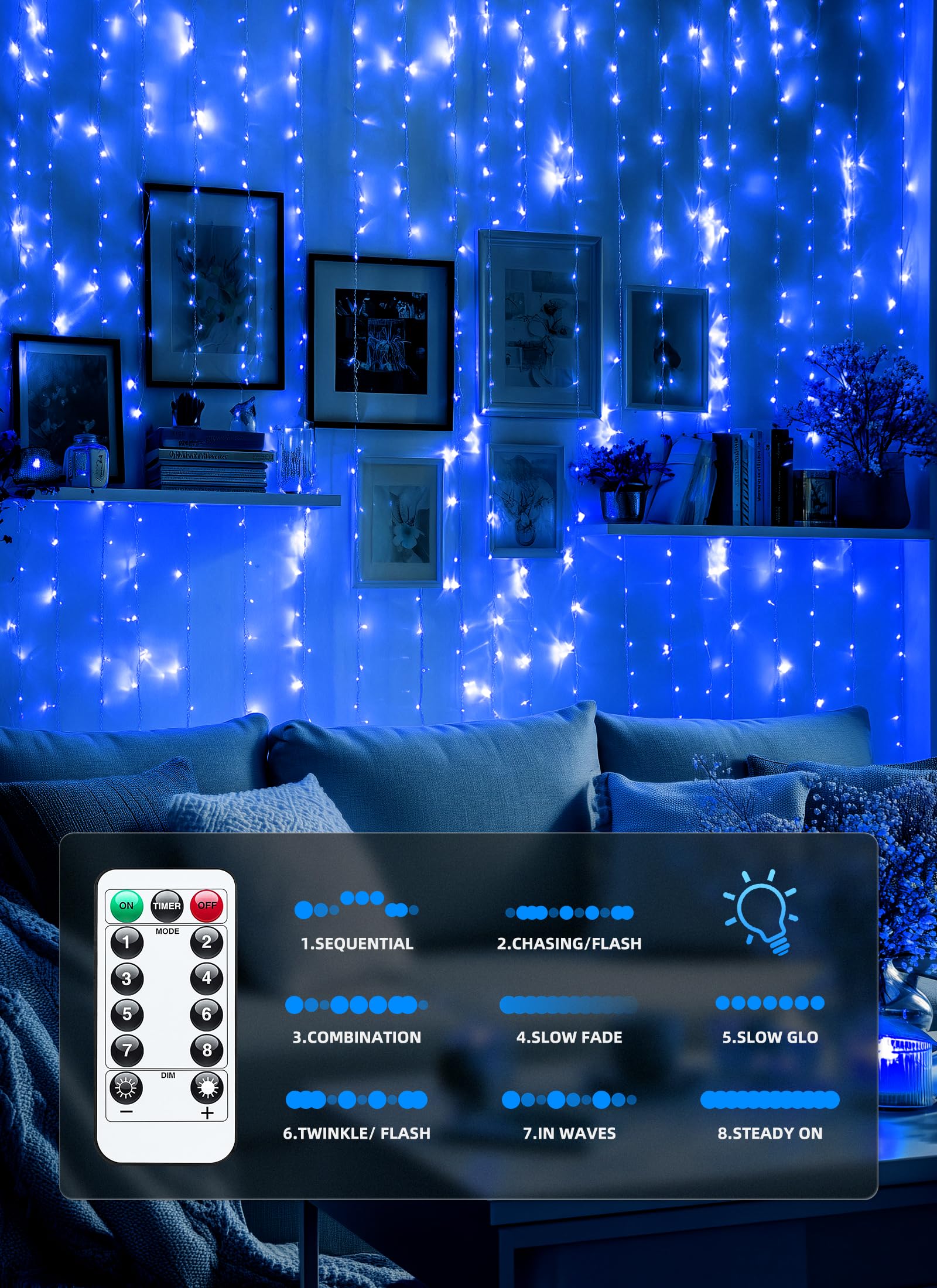 Brightown 300 LED Fairy Curtain Lights, 9.8ft x 9.8ft, Blue Copper Wire, USB Plug, 8 Lighting Modes, Remote for Indoor/Outdoor Use