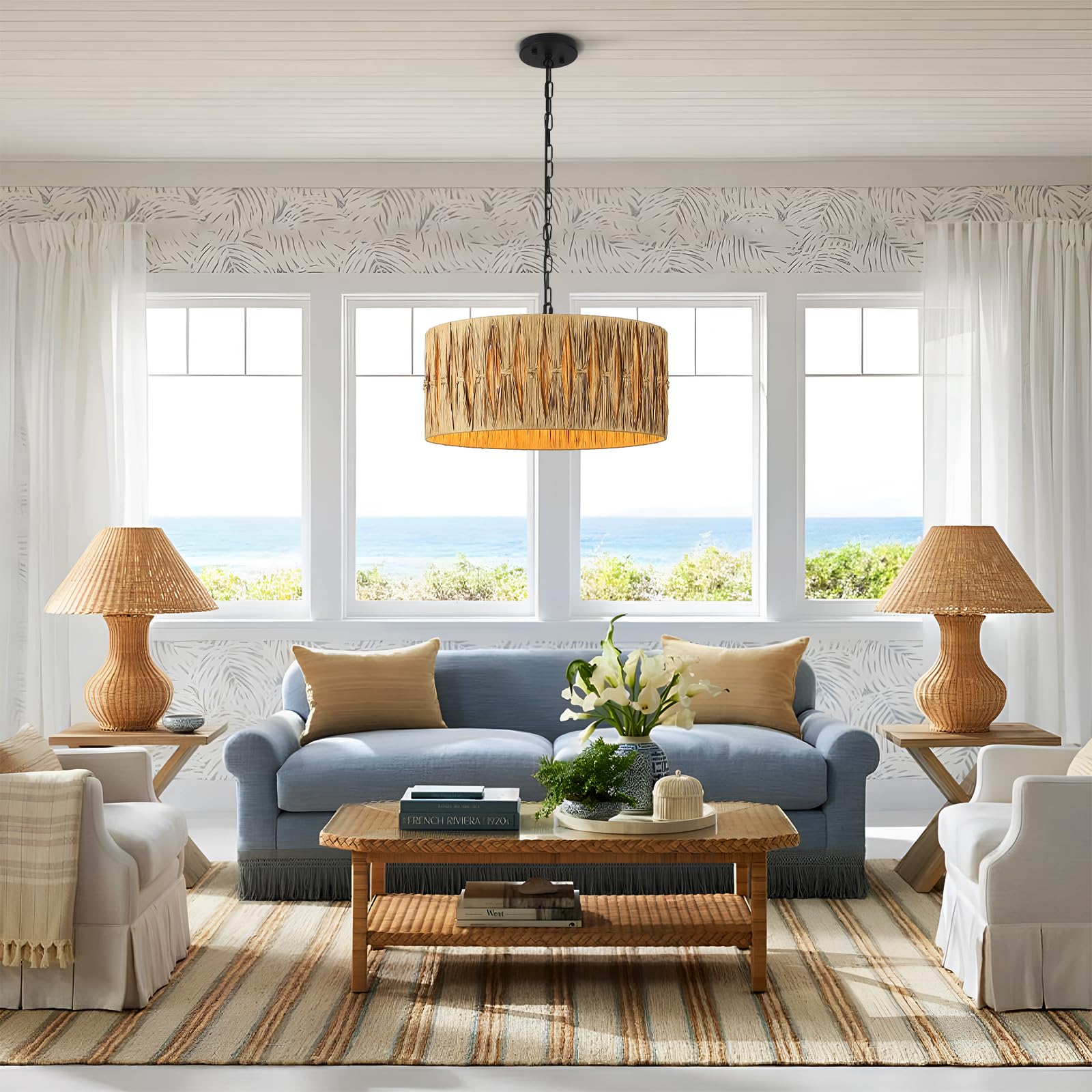 Karjearl 5-Light Boho Chandelier Light Fixture, 19'' Large Raffia Drum Chandelier Hand Woven Coastal Pendant Light For Dining Ro