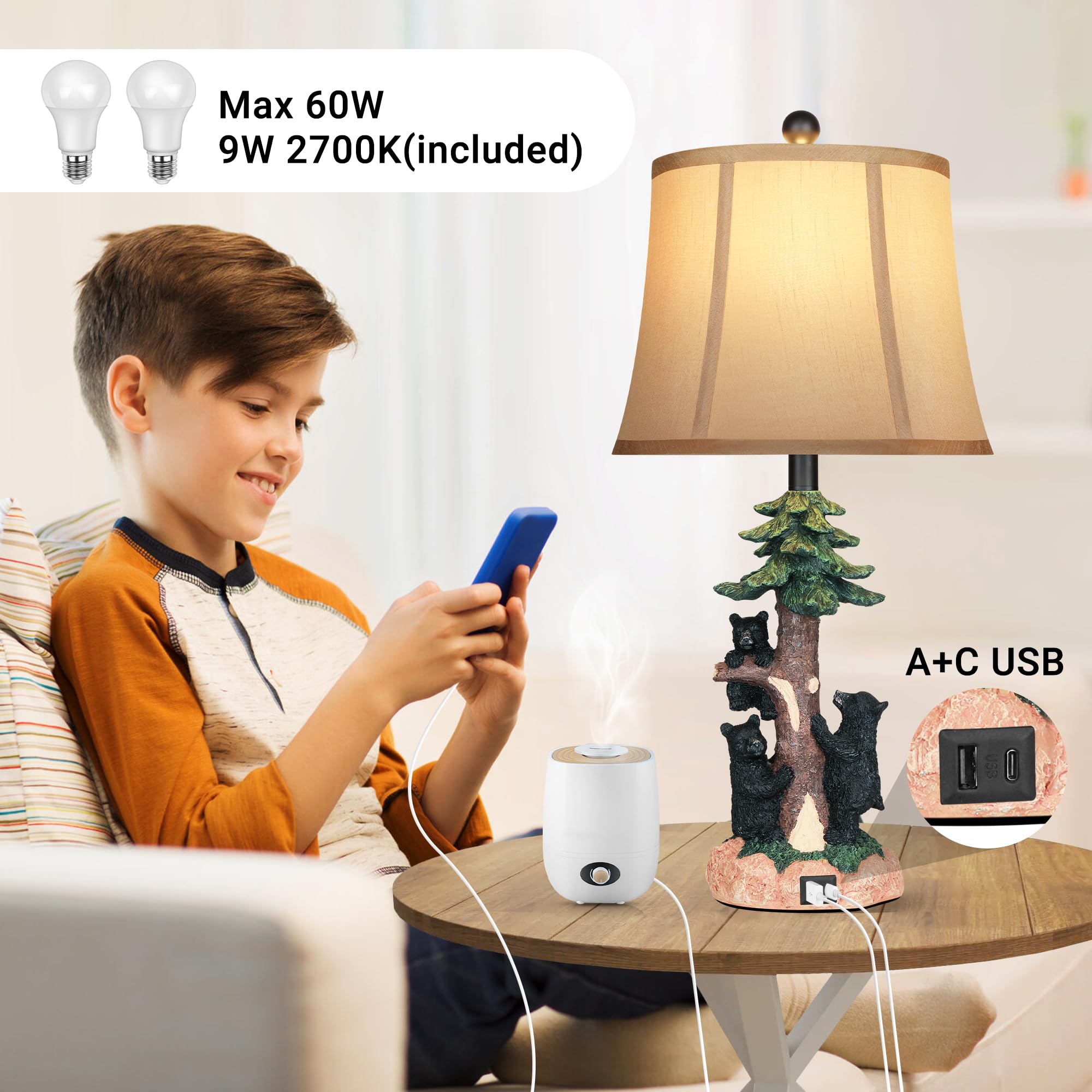 Hamucd Rustic Farmhouse Climbing Bear Table Lamps Set Of 2 For Living Room With Usb A+C,Bedroom Accent Tree Nightstand Lamps For