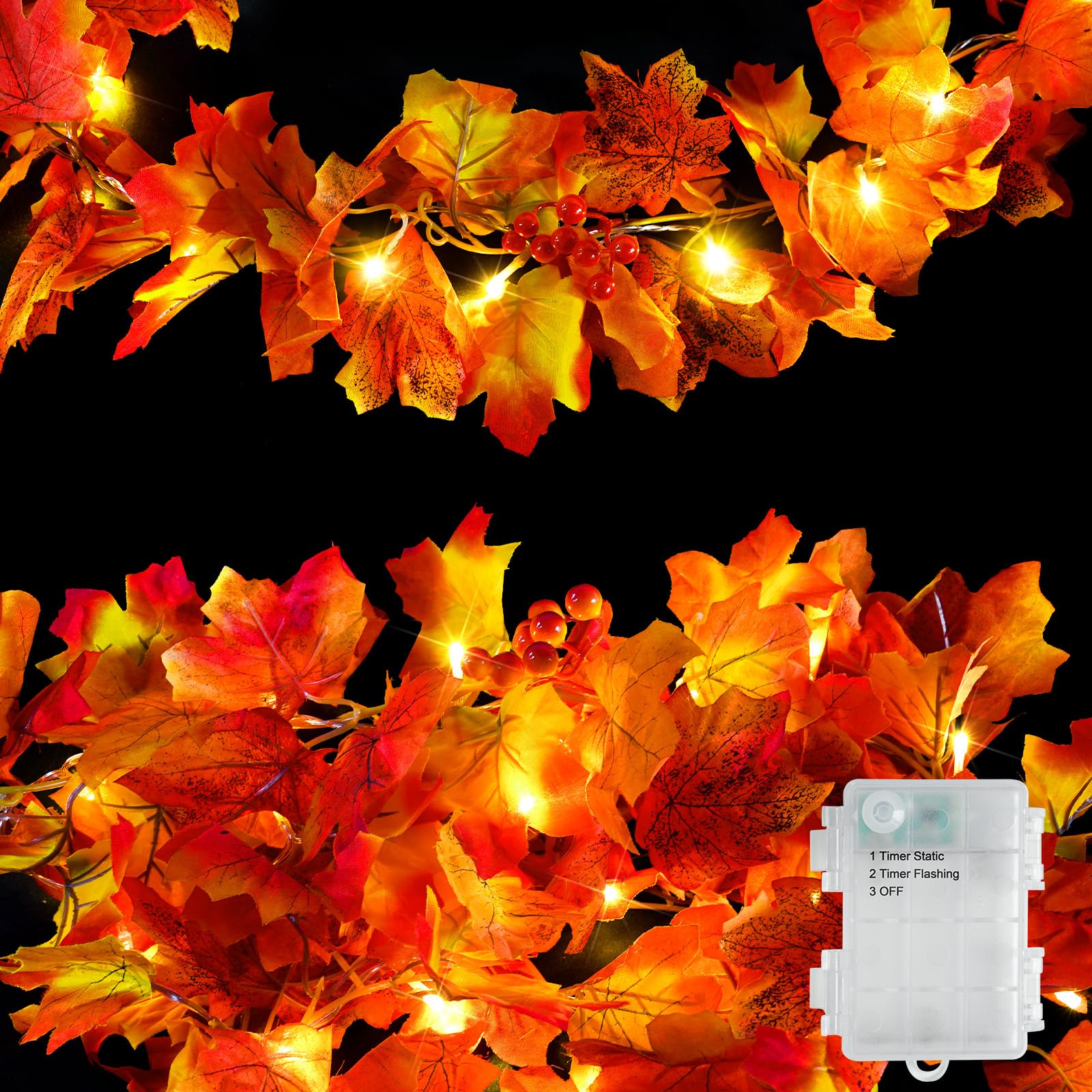 Suddus Fall Garland With Lights Battery Operated, 6.56Ft 20 Led Lighted Orange Fall Leaf Garland, Fairy String Lights For Thanksgiving Decor, Table, Mantle, Office, Porch, Halloween, Home Decoration