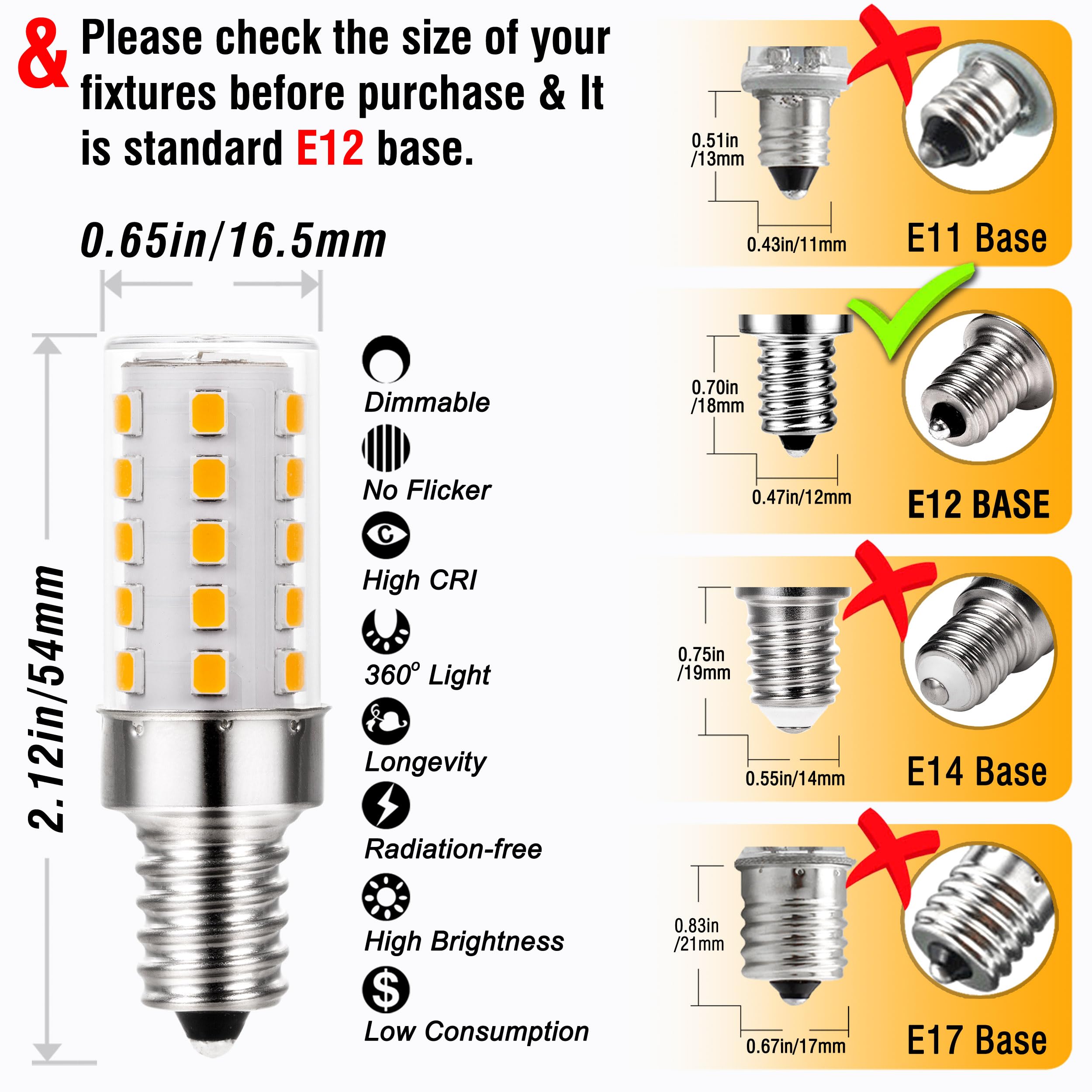 Alide E12 Dimmable Led Bulb 5W C7 Light Bulb,Replace 40W E12 Halogen Equivalent,Warm White 2700K T6 Base 110V 120V E12 Led Cande