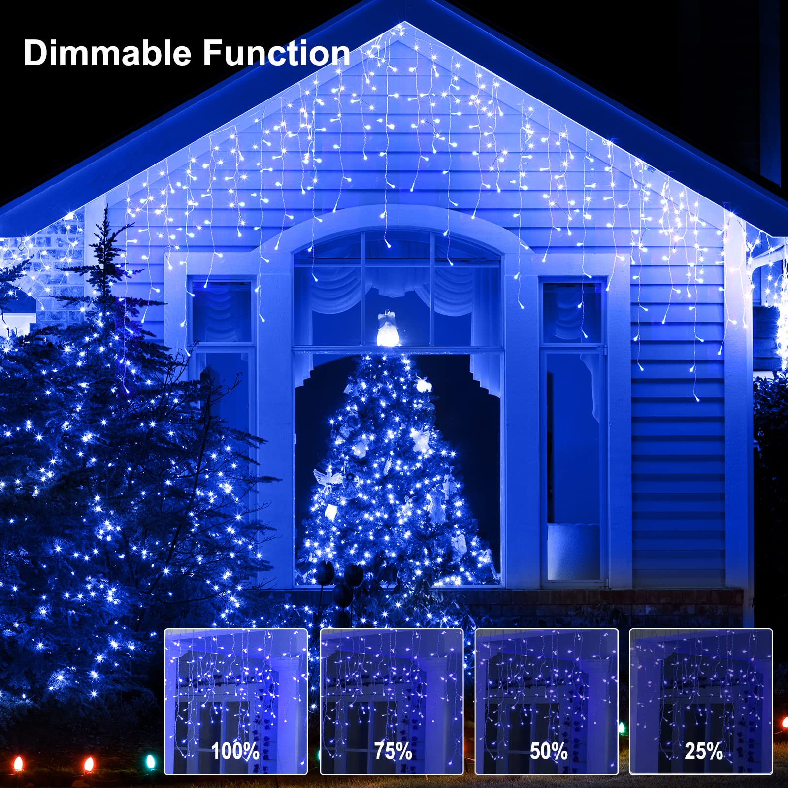 Brightown Blue Icicle Lights, 66Ft 736 LED, 8 Modes with Remote, Outdoor Decor, Model DMO-300