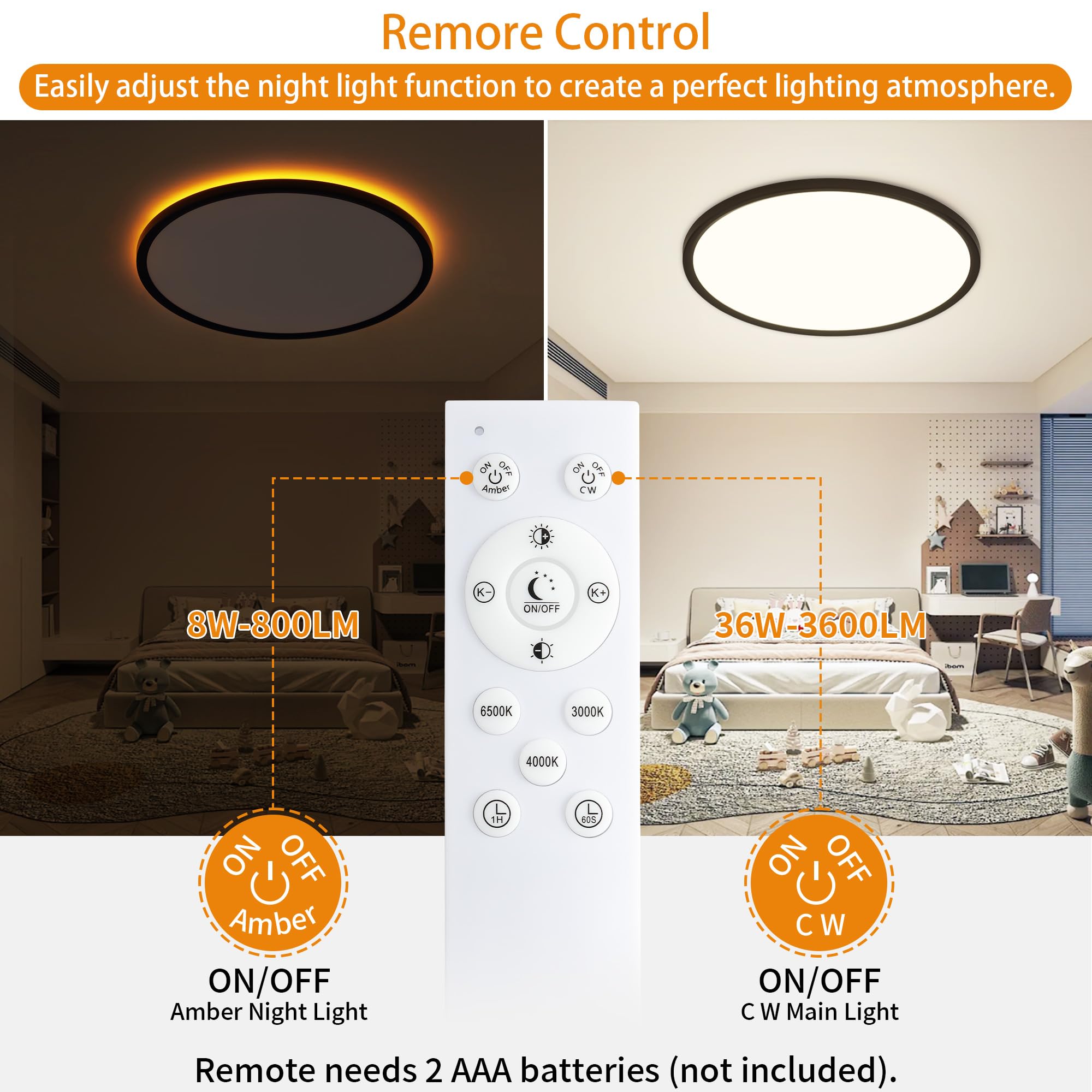 UprizeP Flush Mount Ceiling Light with Remote Control, 15in, 36W, Dimmable 3000-6500K, Night Light, Black, Model SK1038
