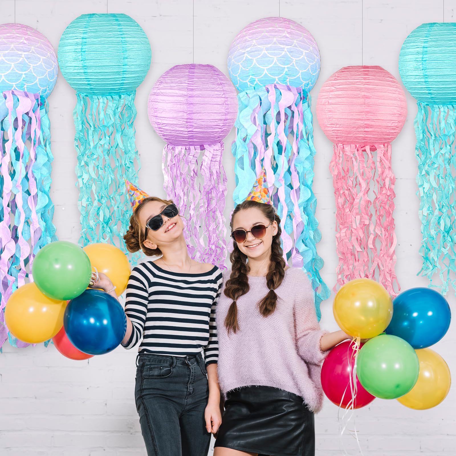 Blue Pink Purple Hanging Jelly Fish Paper Lanterns, Gradient Colorful Paper Lanterns For Mermaid Theme Party, Under The Sea Birt