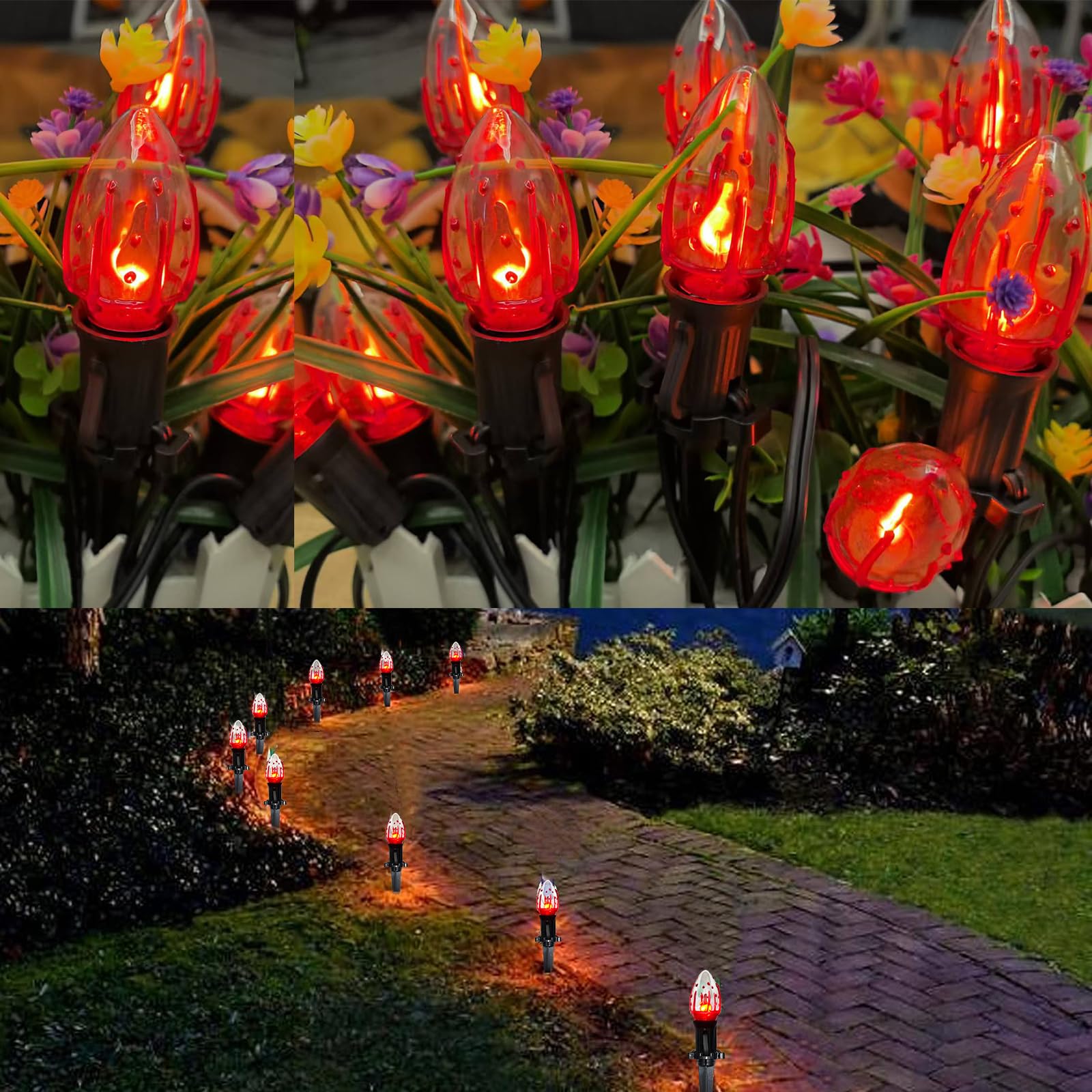 38Ft Outdoor Halloween Decorations Pathway Lights, C9 Flickering Flame Pathway String Lights With 25 Stakes Lights, Plug In Hall
