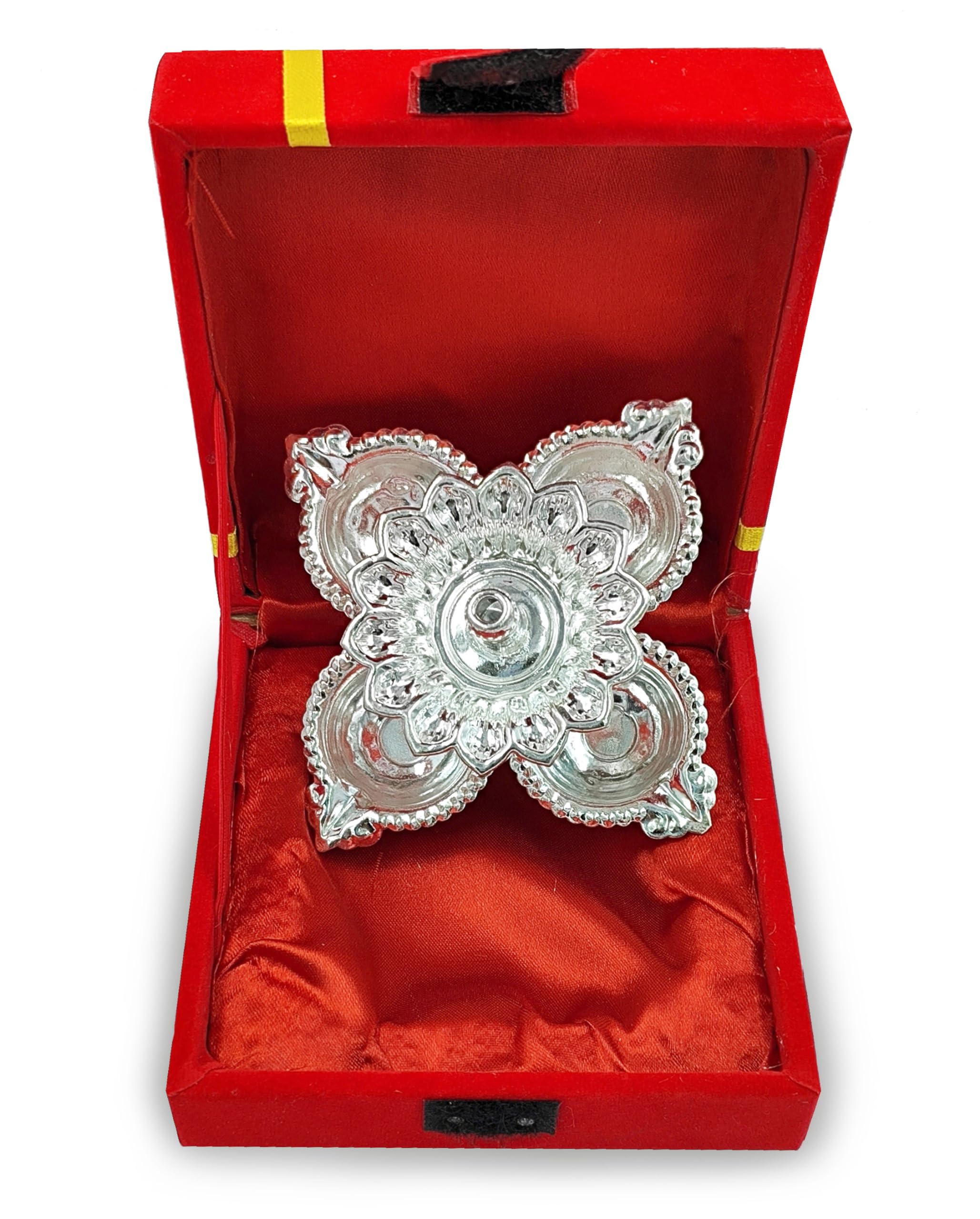 Bengalen Silver Plated Diya, Handmade Daily Oil Lamp, Pack Of 1, Red Velvet Gift Box, Traditional Indian Deepawali Decoration