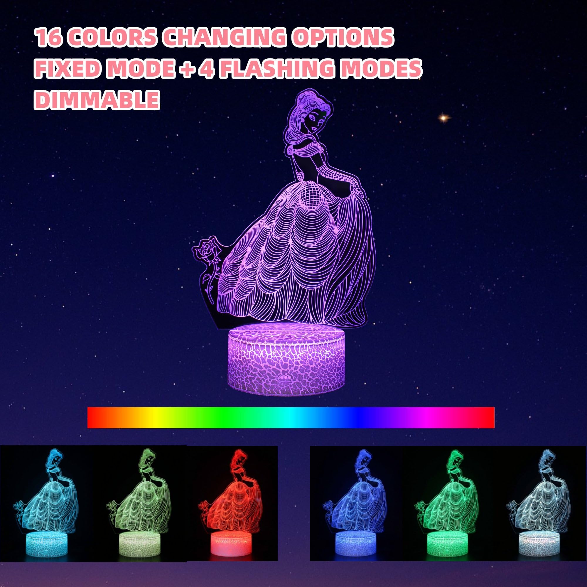 Kenmaca Night Light Princess Castle For Girls Bedroom, 3D Illusion Lamp, 2 Patterns 16 Colors Changing Dimmable Room D  Cor, Sma