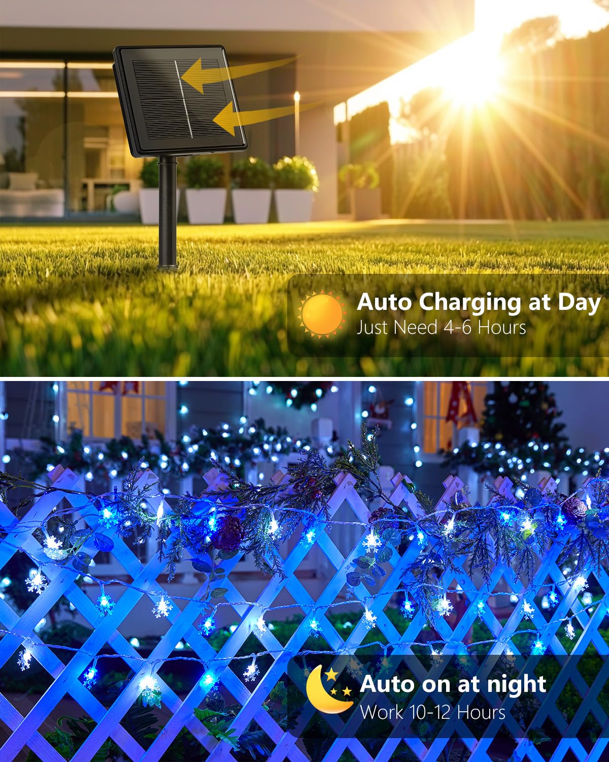 Brightown Solar Snowflake String Lights, 200 LED, 72FT, Waterproof, 8 Lighting Modes, Blue